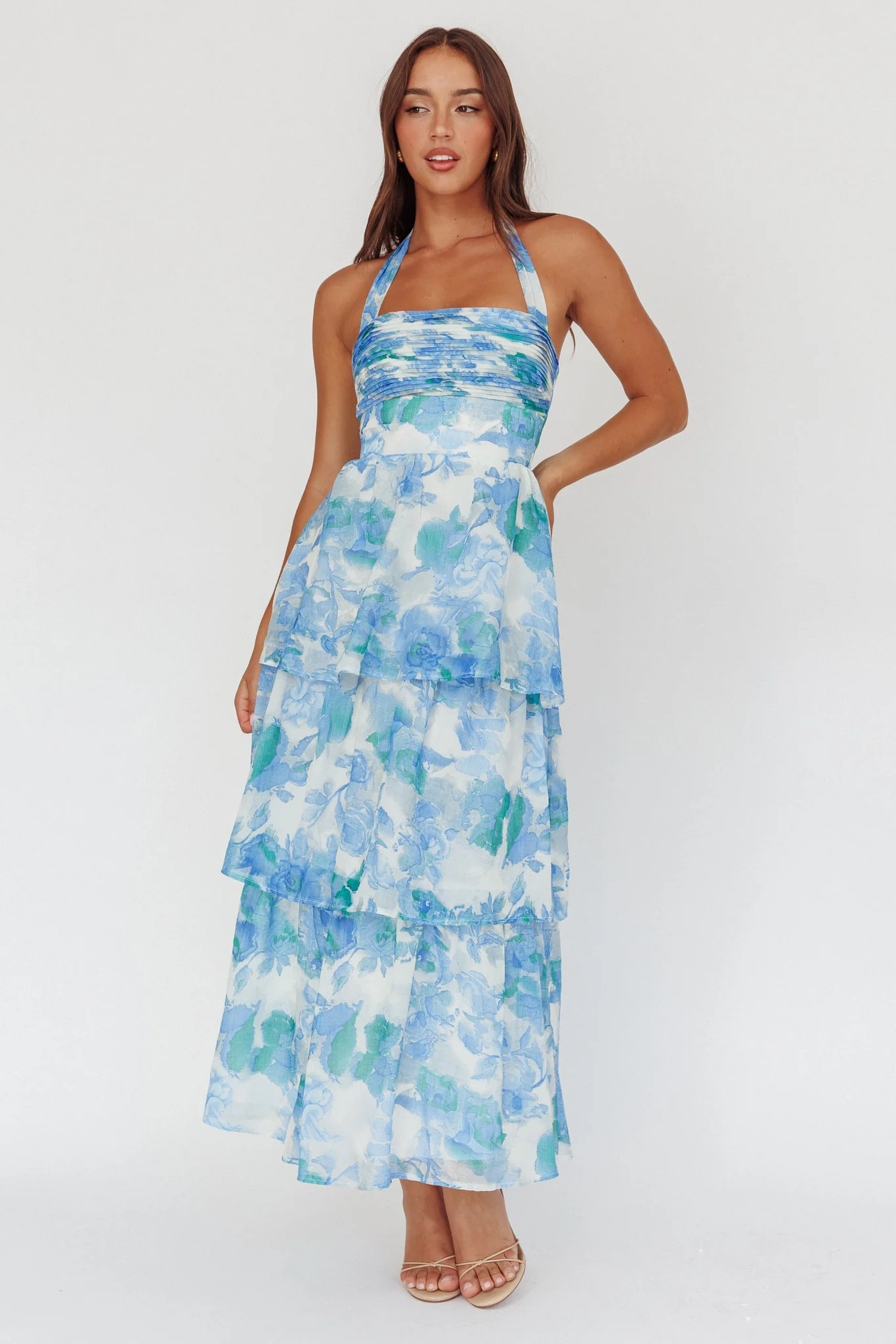 Seascape Halterneck Layered Maxi Dress Floral Blue - Sonourner