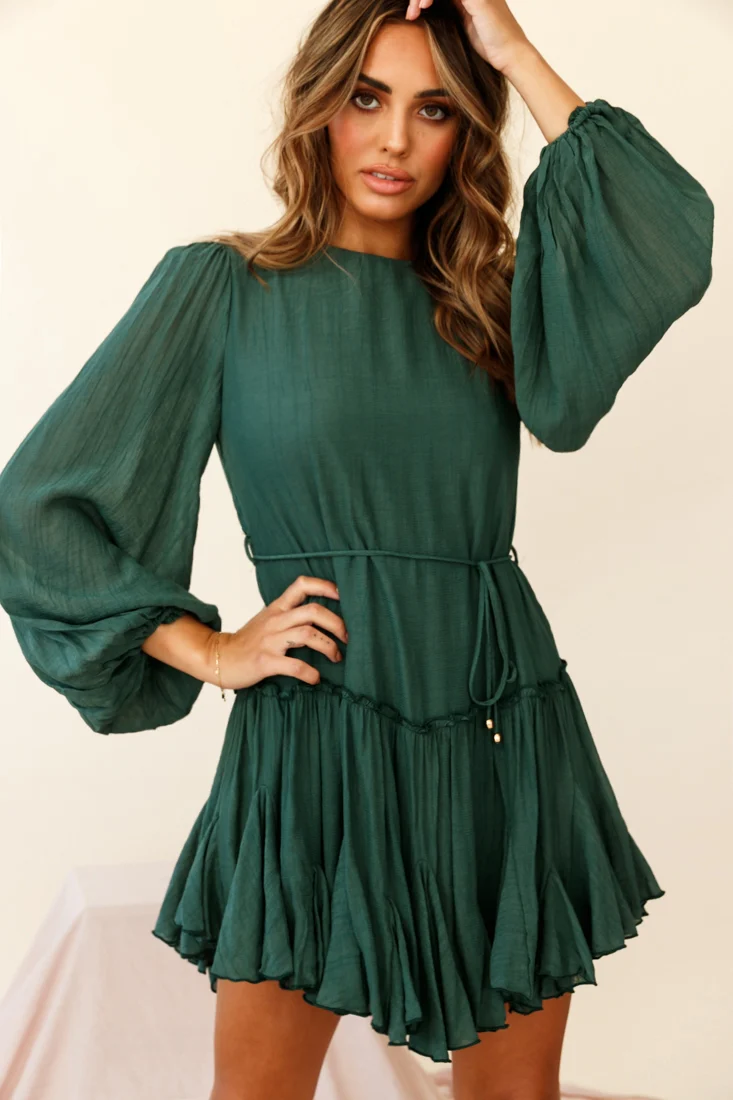 Rosabel Balloon Sleeve Fluted Hem Dress Green - Sonourner