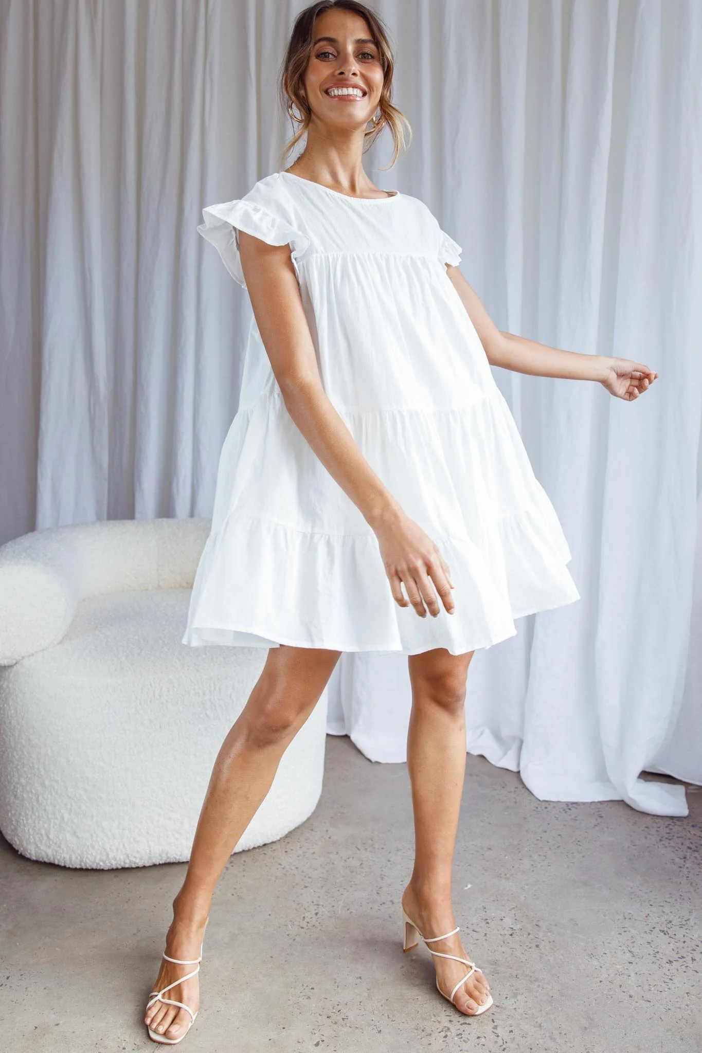 Hyacinth Ruffle Sleeve Smock Dress White - Sonourner