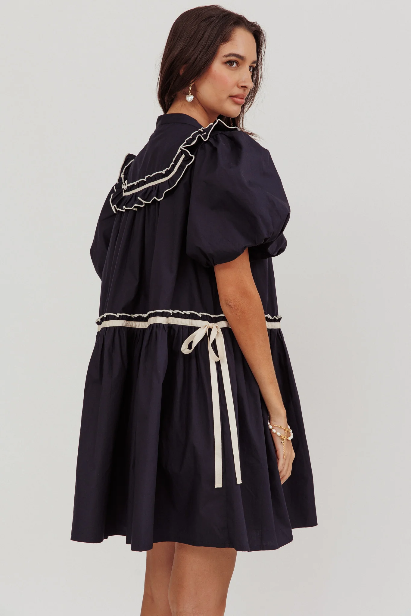 Late Spring Puff Sleeves Ruffle Mini Dress Navy - Sonourner