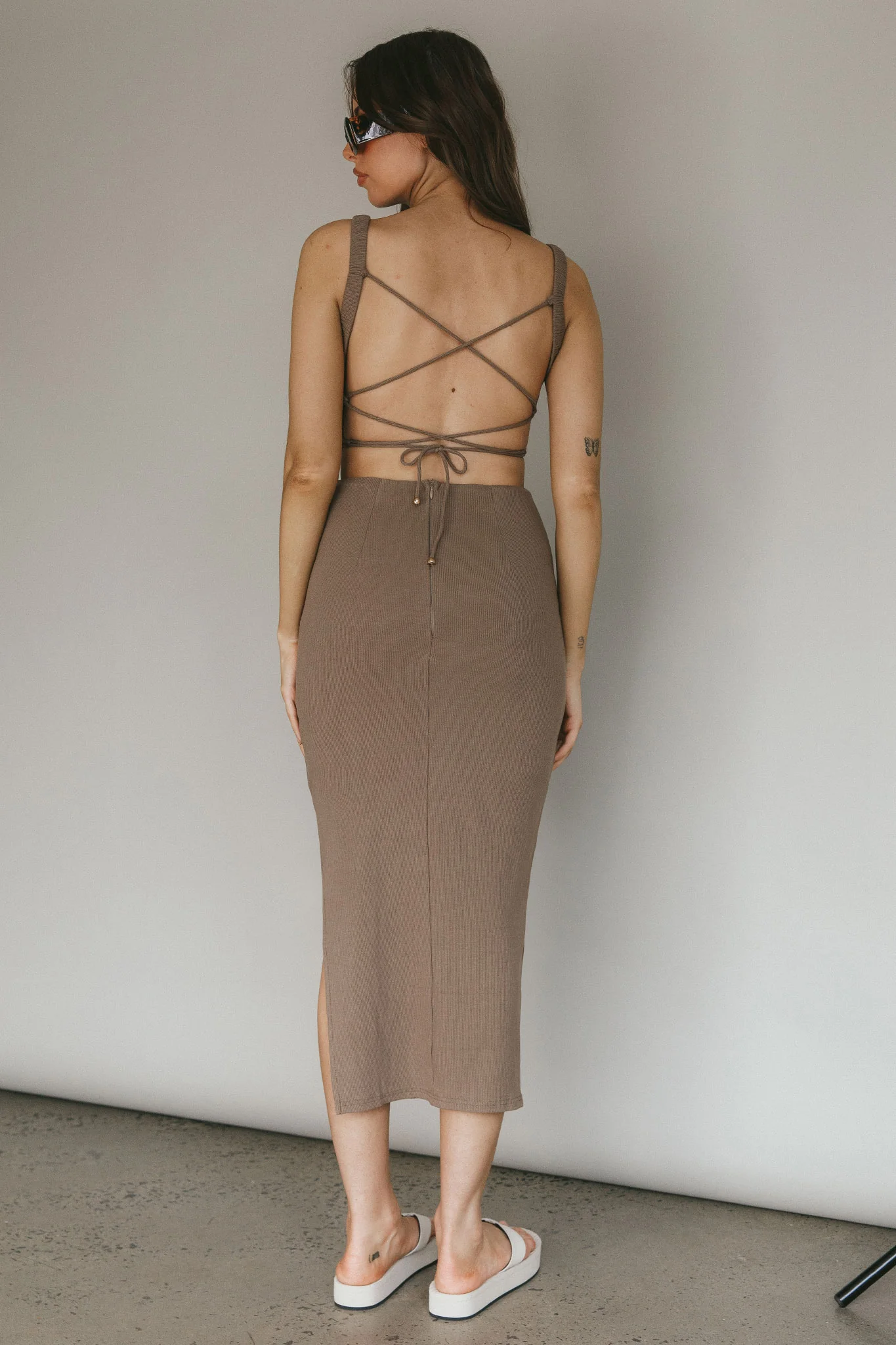Dream Crush Lace-Up Back Side Split Midi Dress Khaki - Sonourner