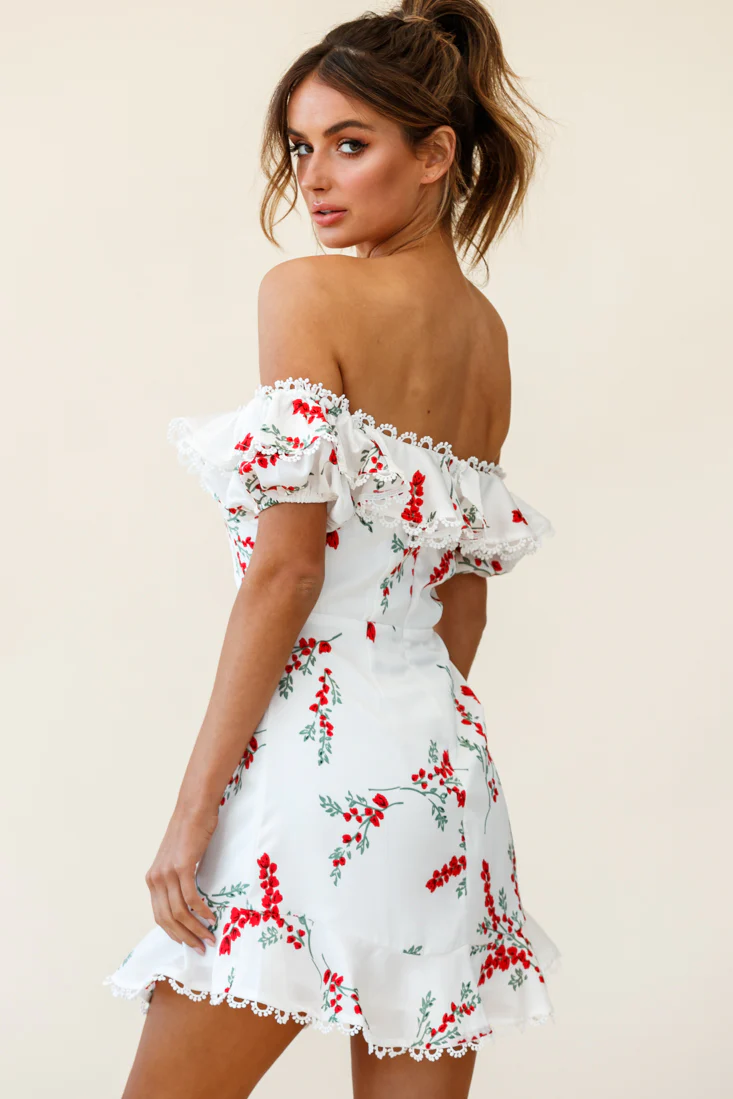 Bobby Bardot Neckline Puff Sleeve Dress Flower Spring Print White - Sonourner