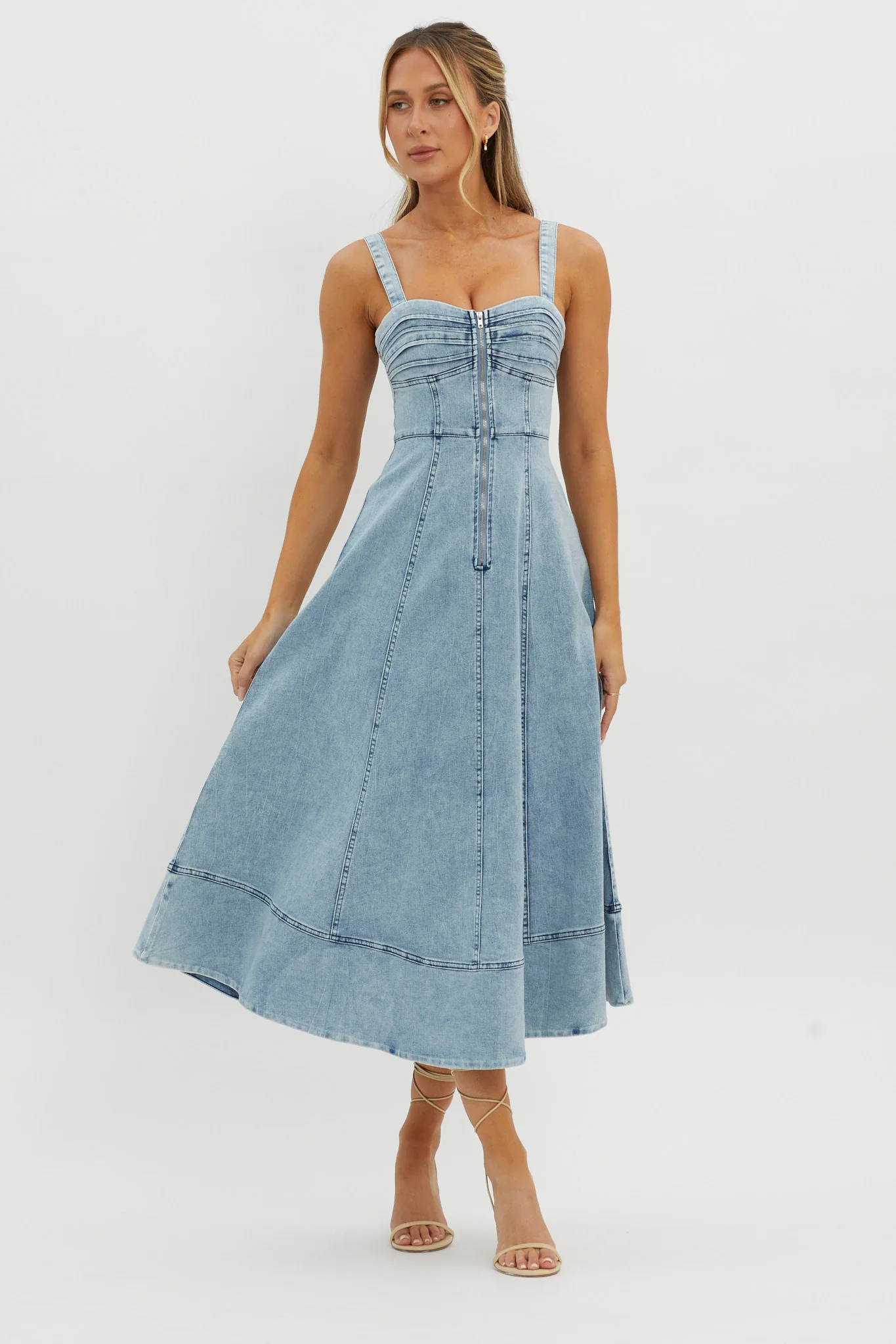 Emilio Pleated Bust A-Line Midi Dress Denim Blue - Sonourner