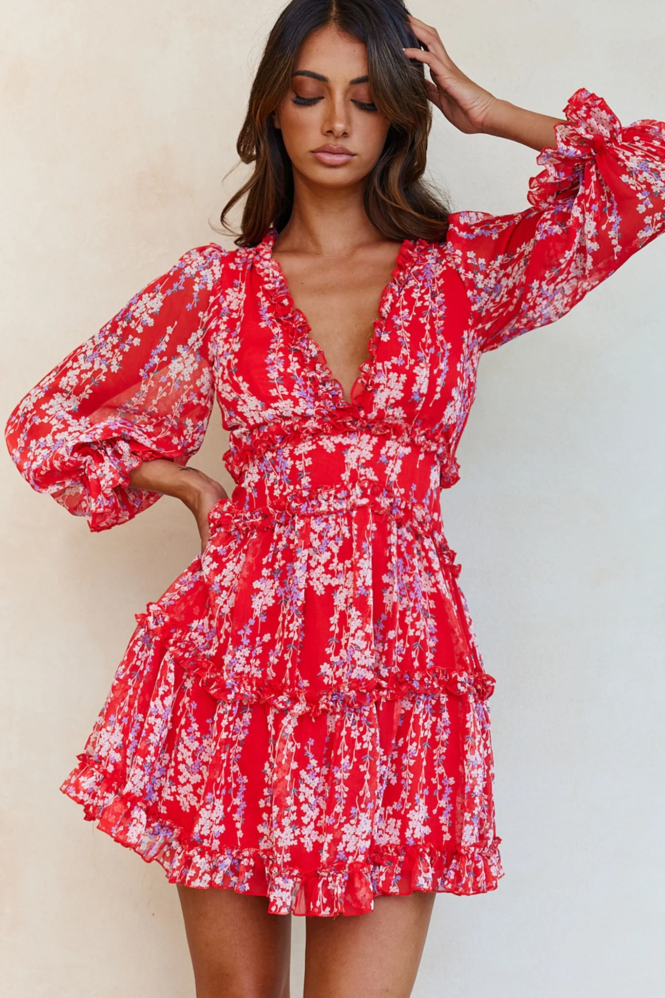 Laney Cutout Back Ruffle Detail Floral Dress Red - Sonourner