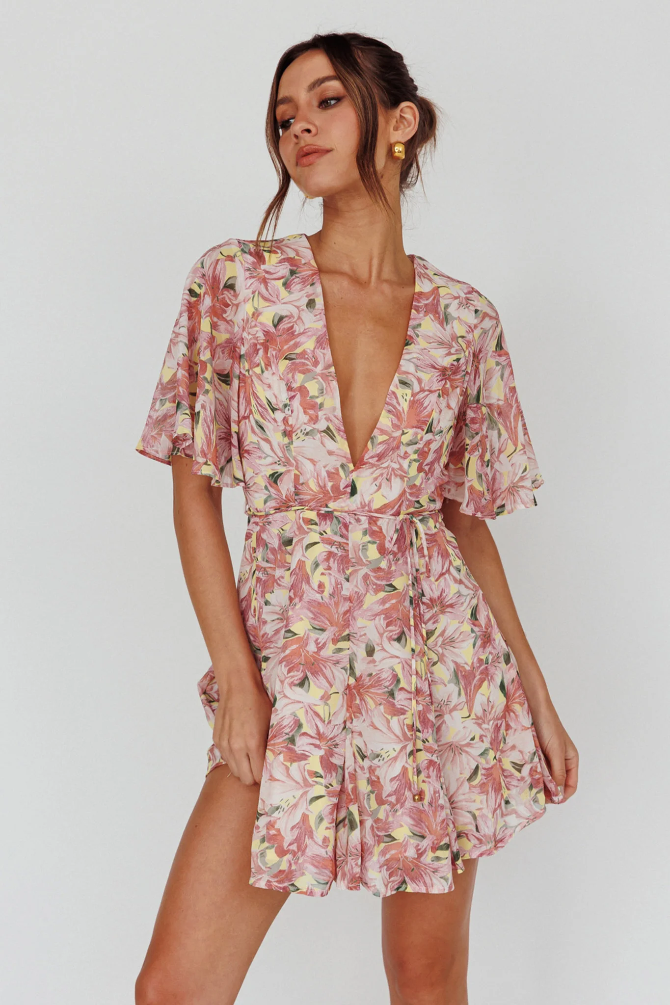 Estelle Angel Sleeve Dress Lily Print Yellow - Sonourner
