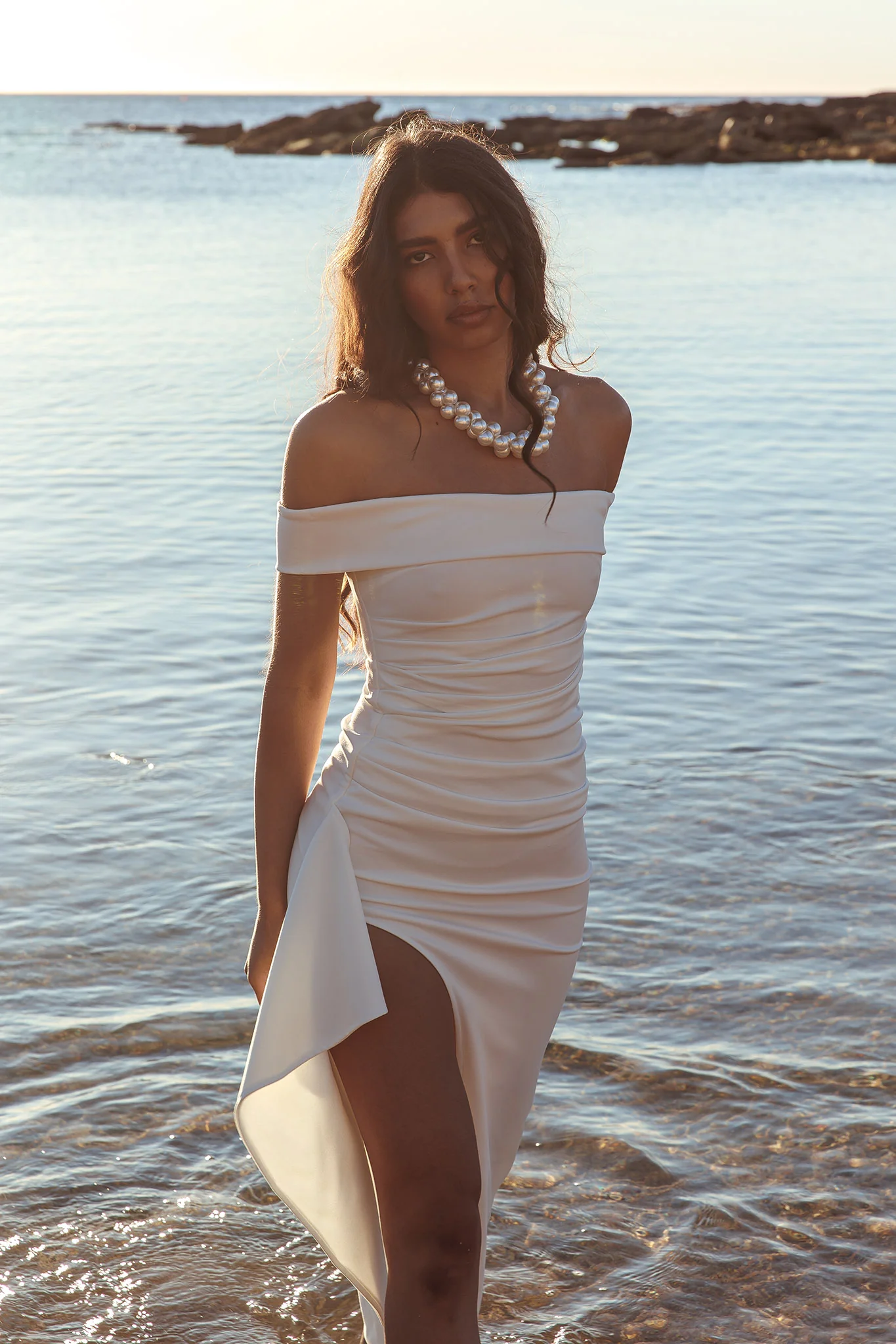 Cha Cha Off Shoulder Thigh Split Maxi Dress Off White - Sonourner