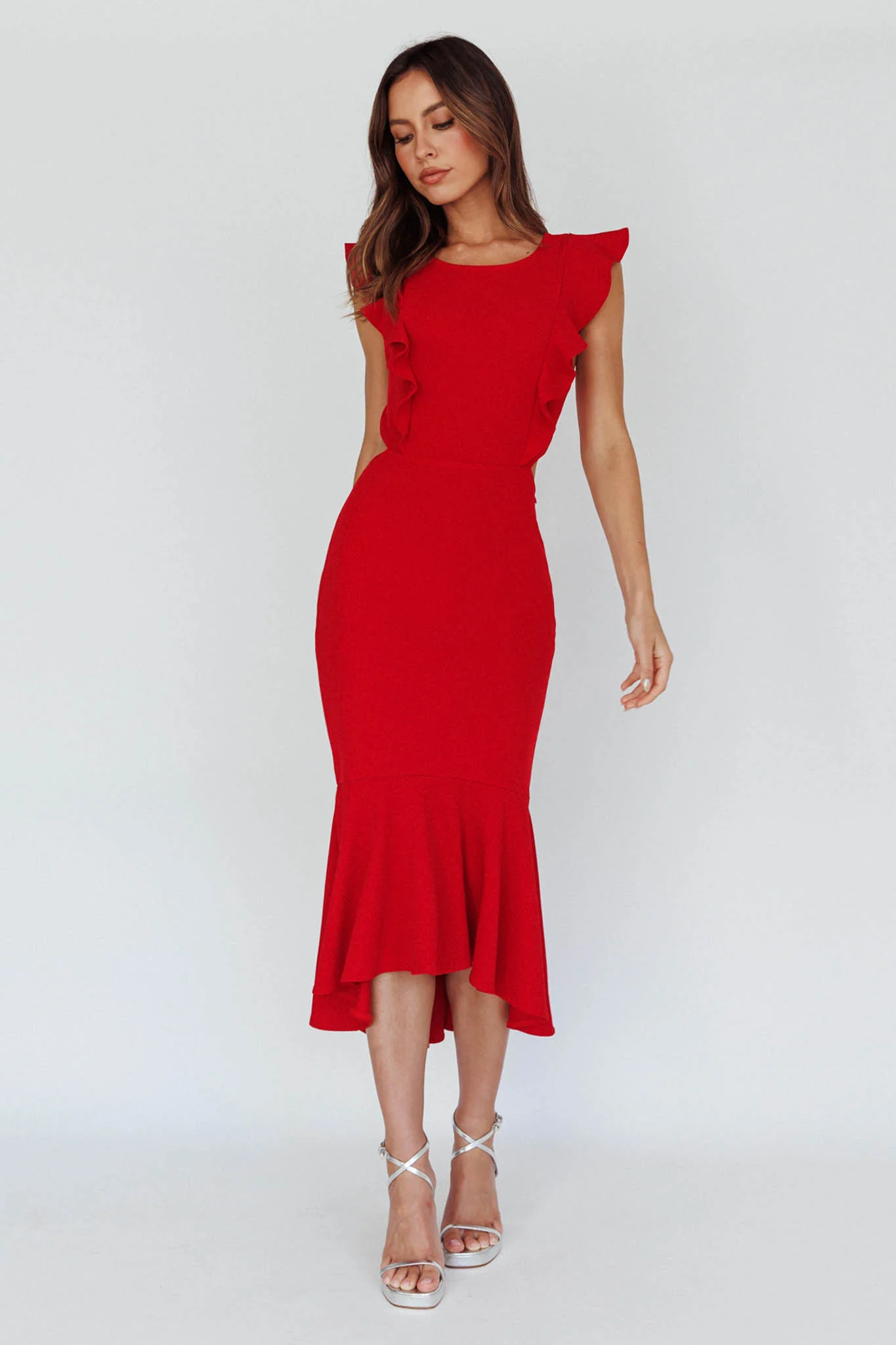 Jackie Wide Ruffle Hem Pinafore Midi Dress Red - Sonourner