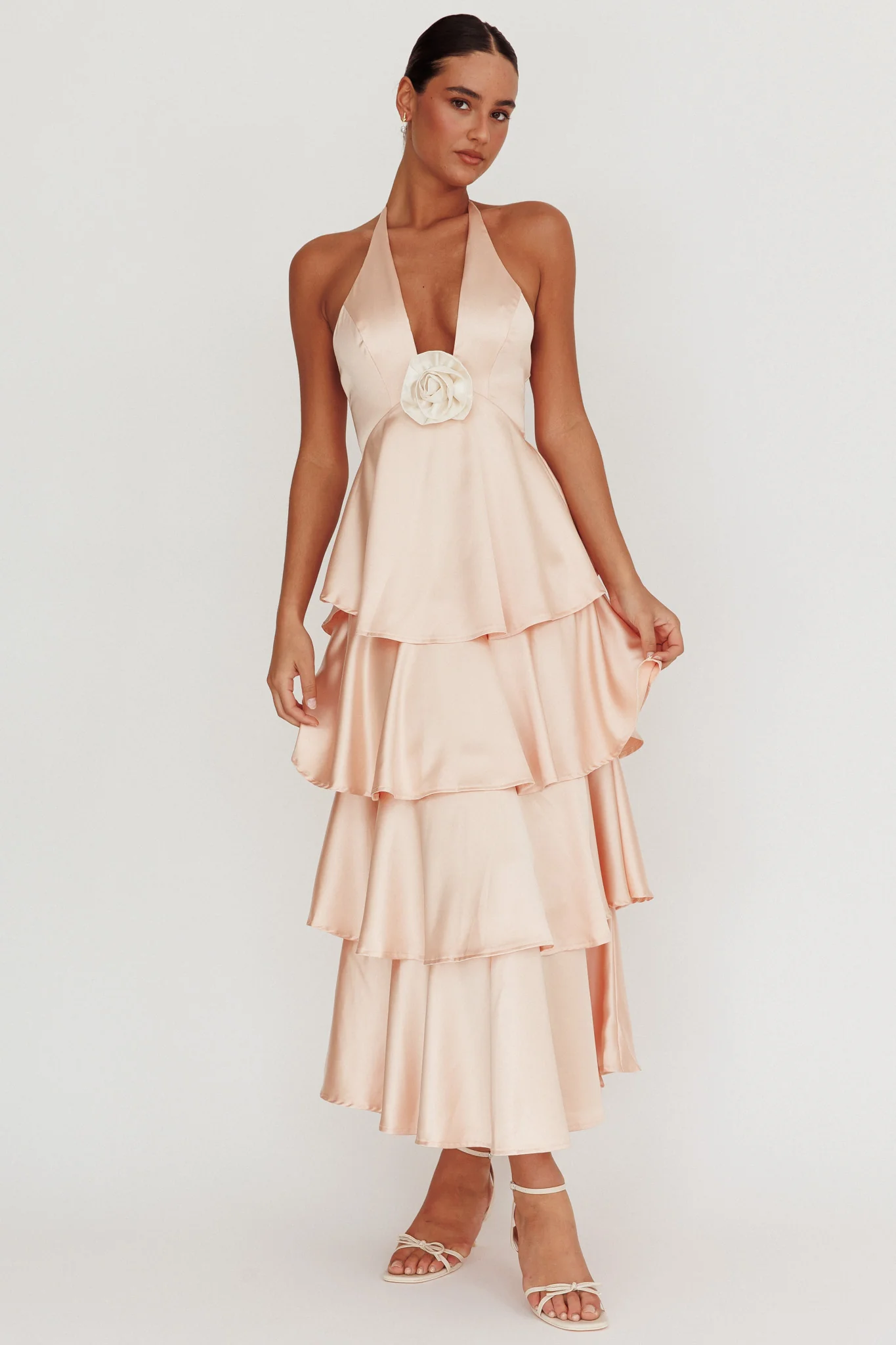 Catalina Tiered Ruffle Rosette Maxi Dress Peach - Sonourner