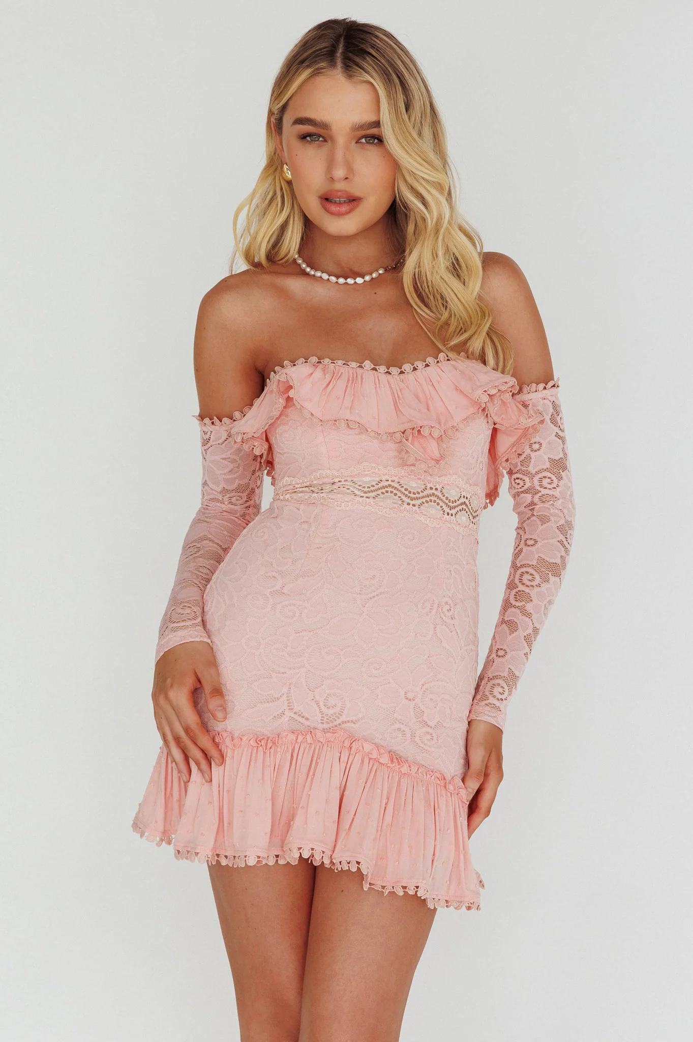 Mae Long Sleeve Sweetheart Crochet Lace Dress Blush - Sonourner