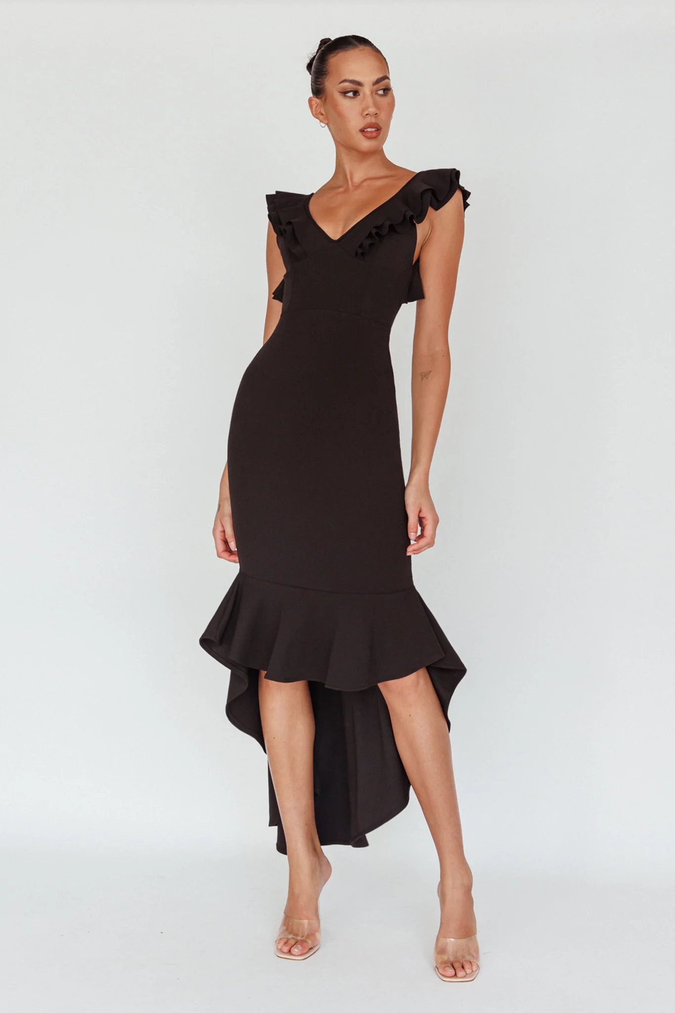 Pearl Ruffle Strap High-Low Hem Dress Black - Sonourner