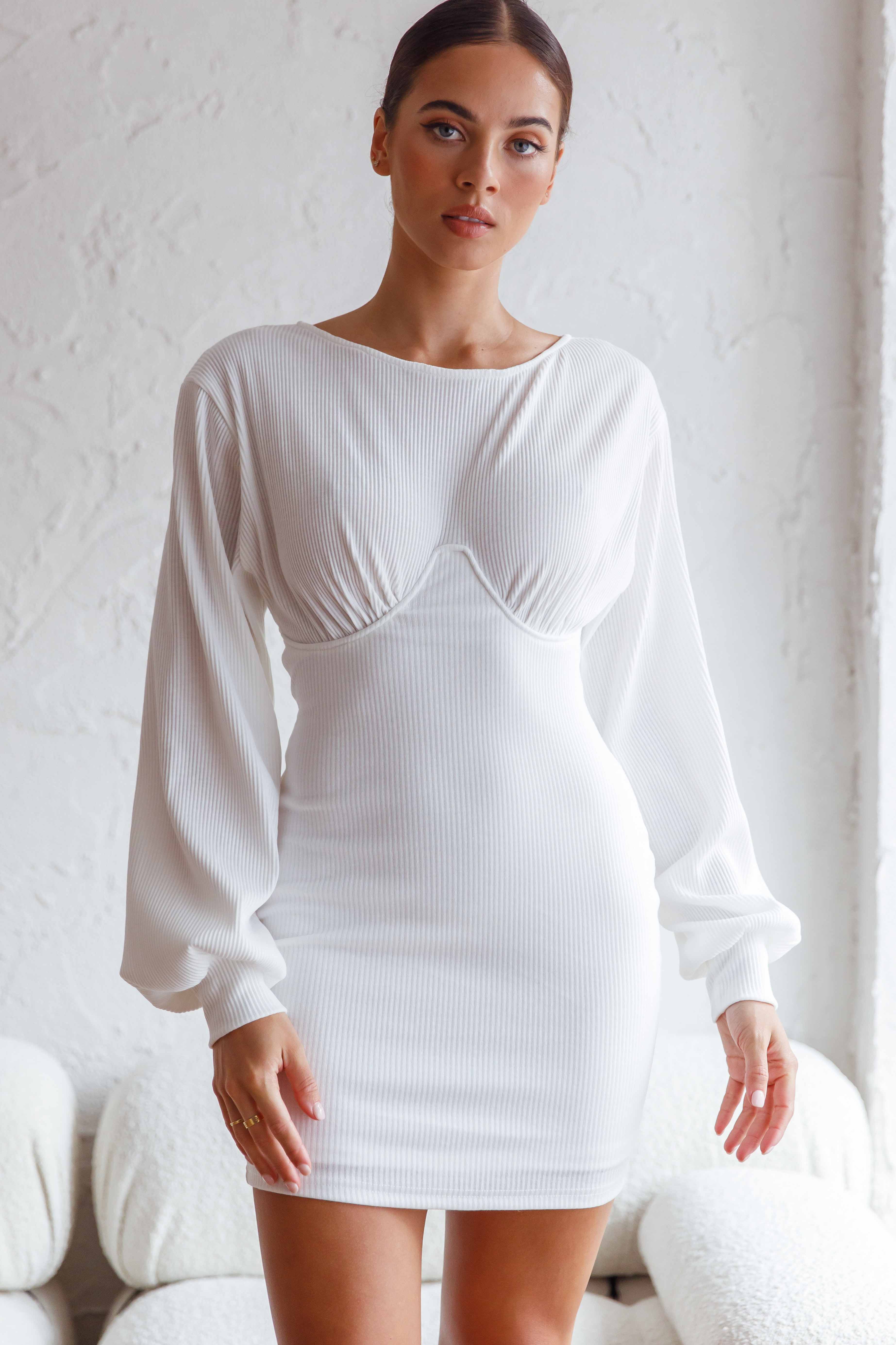 Sammy Long Balloon Sleeve Piping Detail Ribbed Dress White - Sonourner