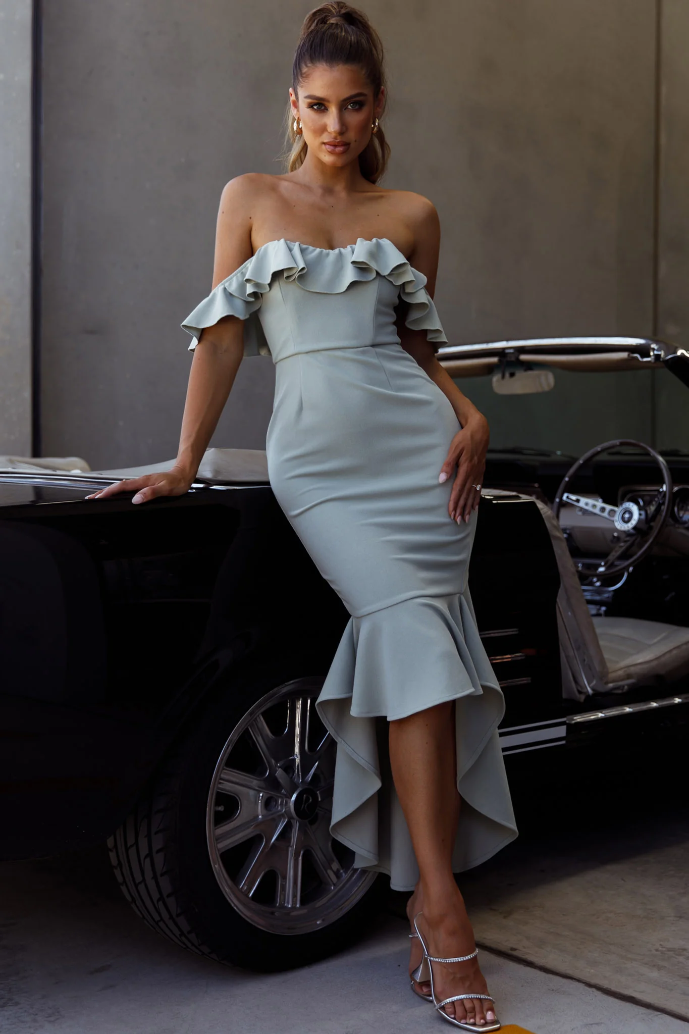 Cloud 9 Bardot Neckline Corset Back Dress Sage - Sonourner