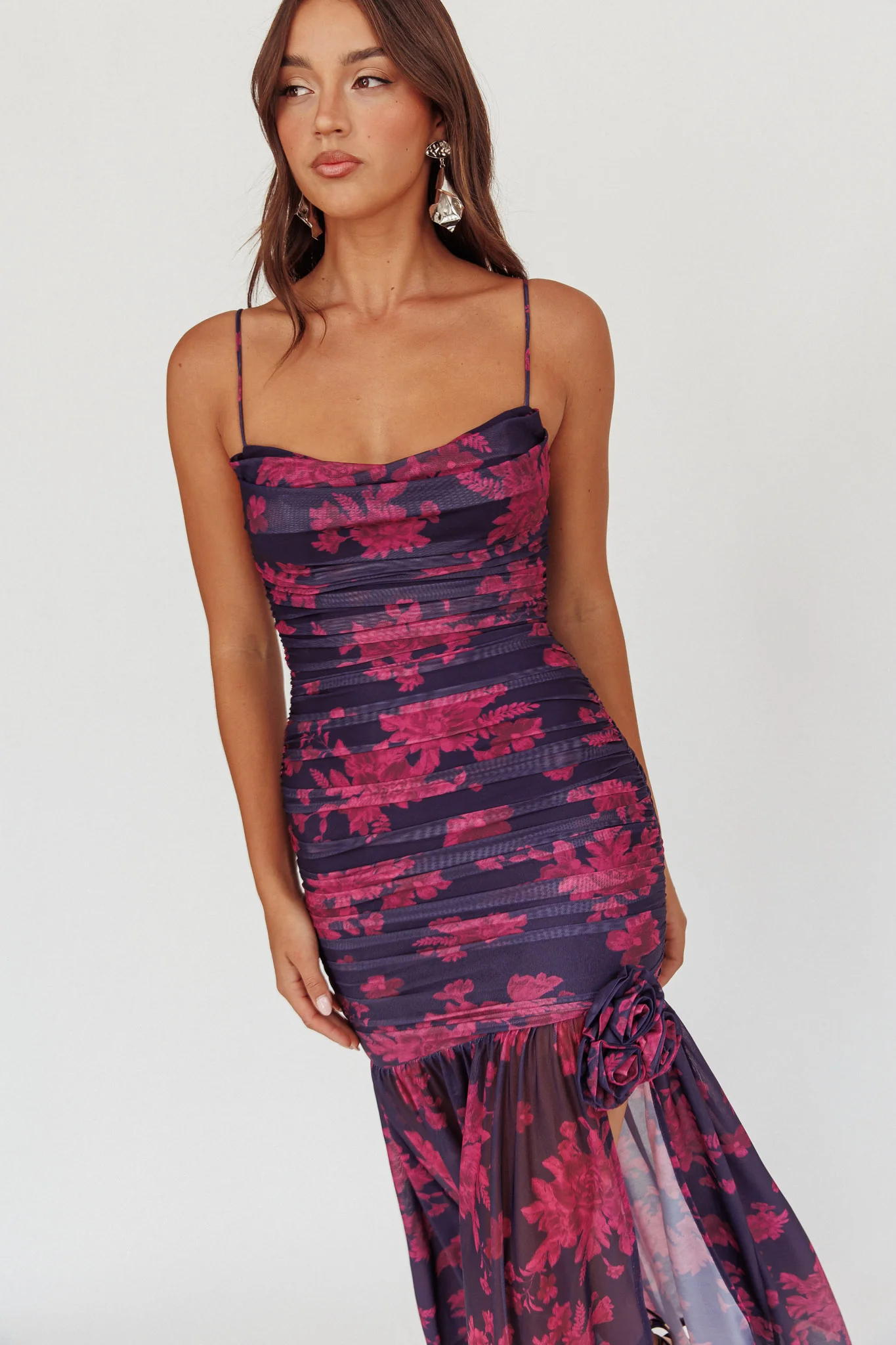 Stole The Show Ruched Mesh Maxi Dress Floral Grape - Sonourner