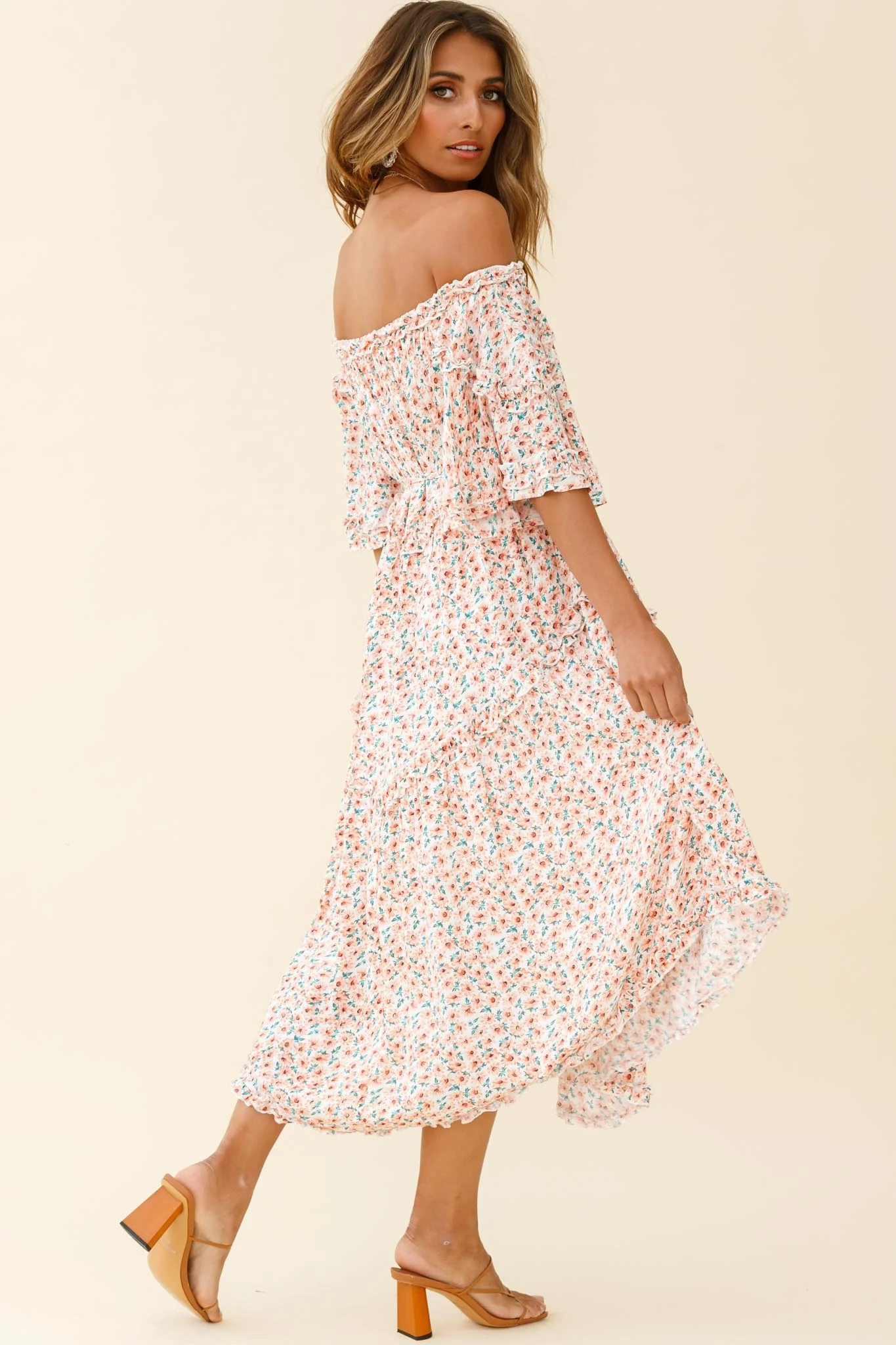 Renoir Off-Shoulder Frill Trim Dress Floral Print Pink - Sonourner