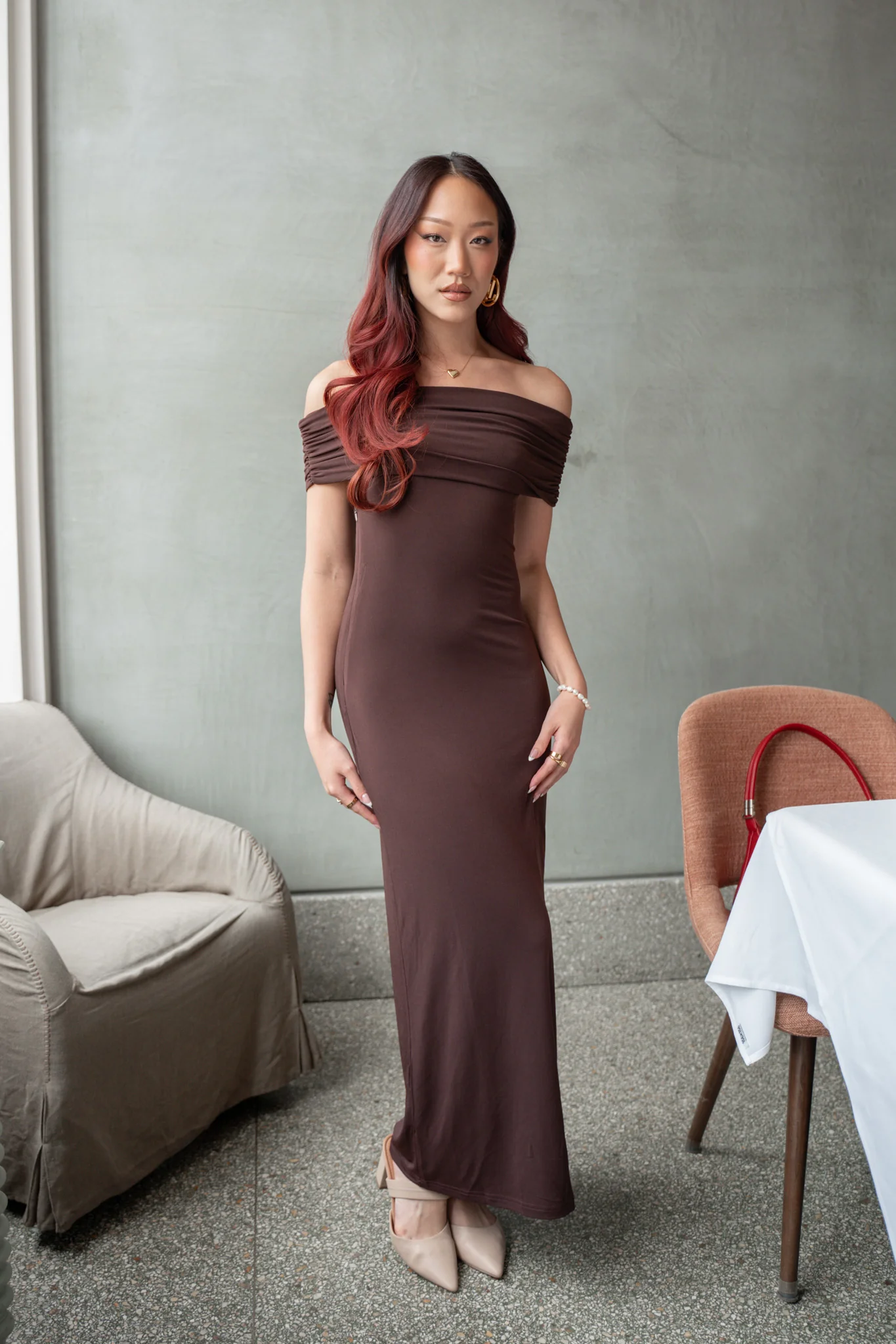 Cruising Sunset Off Shoulder Dress Chocolate - Sonourner