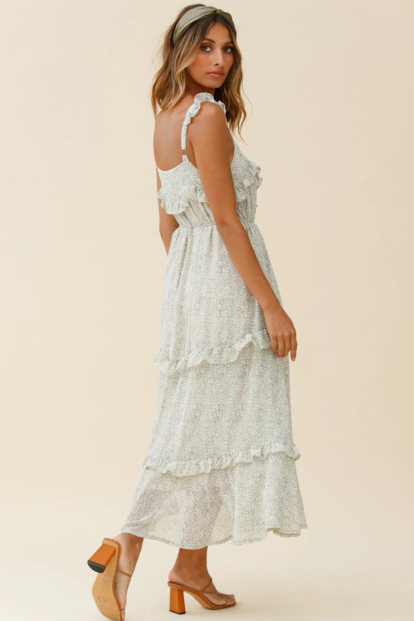 Priscilla Tied Bust Frill Detail Maxi Dress Floral Print Olive - Sonourner