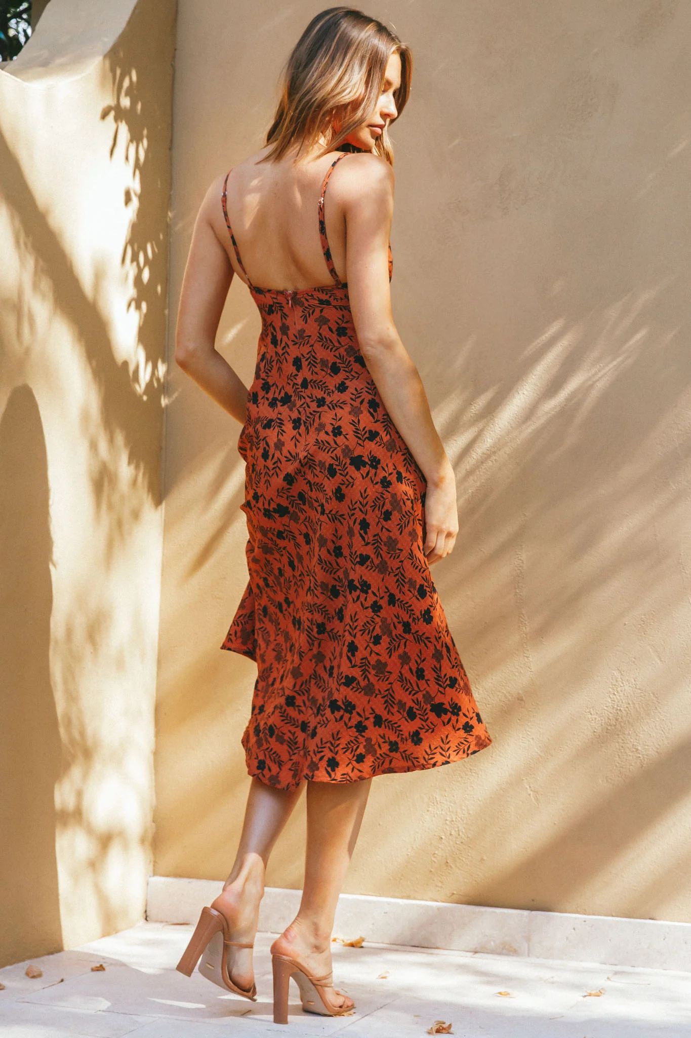 Melancholy Resin Buckle Midi Dress Floral Print Orange - Sonourner