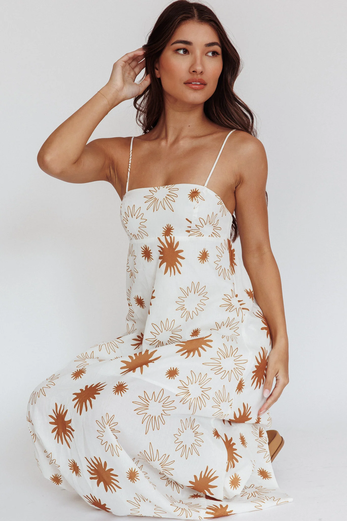 Midsummer Sun Print Maxi Dress White Green - Sonourner