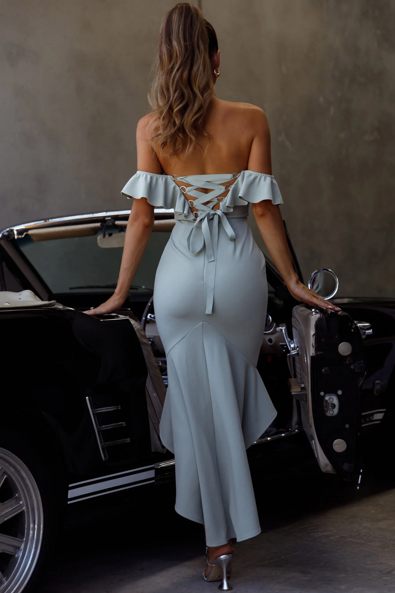 Cloud 9 Bardot Neckline Corset Back Dress Sage - Sonourner