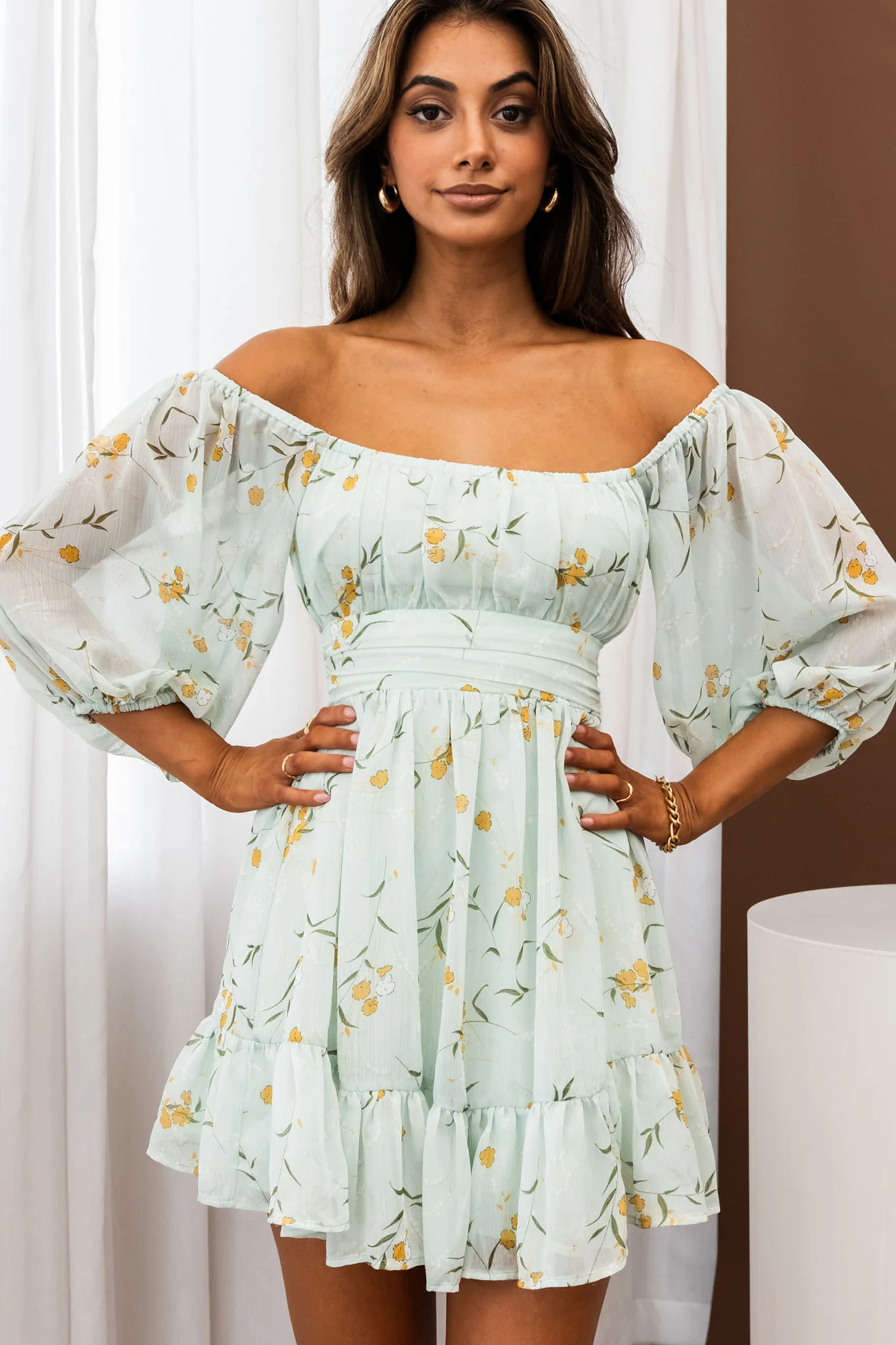 Abby Off-Shoulder Tie-Up Back Dress Floral Print Mint - Sonourner