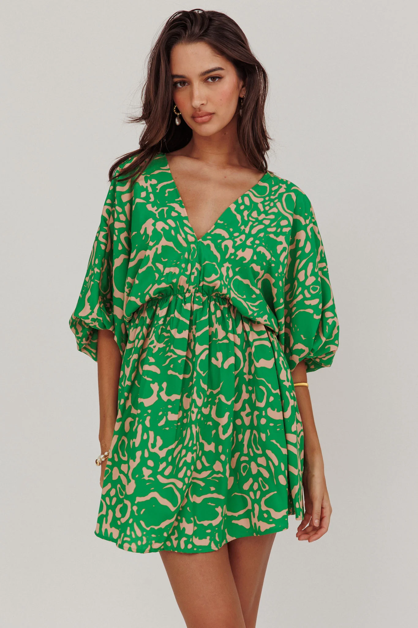 Sugar Coat Print Puff Sleeves Mini Dress Green - Sonourner