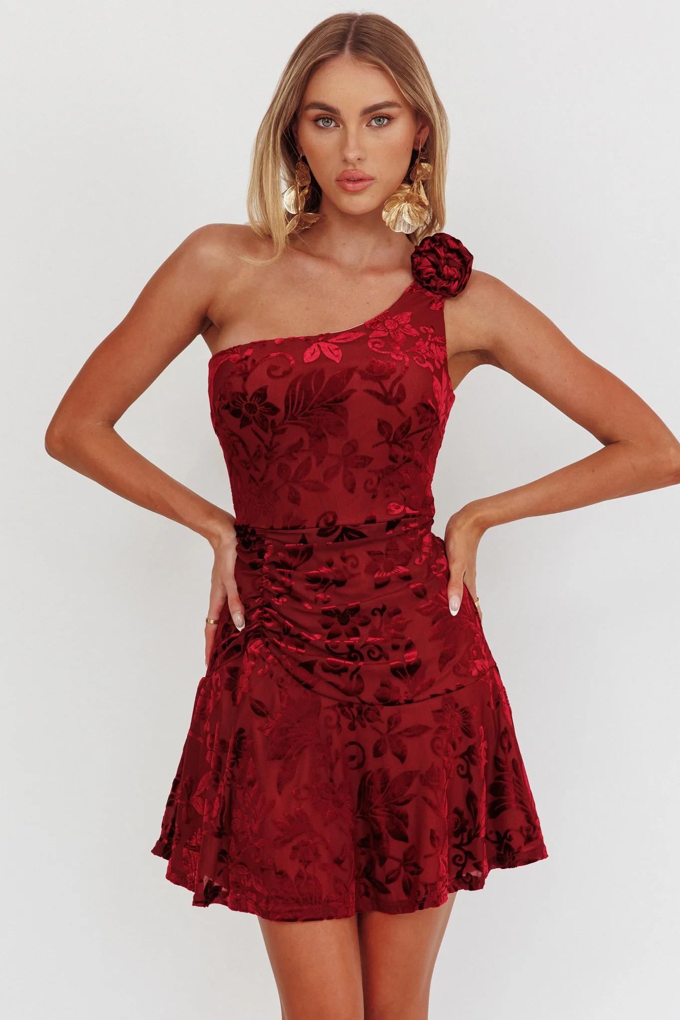 Midnight Aura One Shoulder Mini Dress Wine - Sonourner