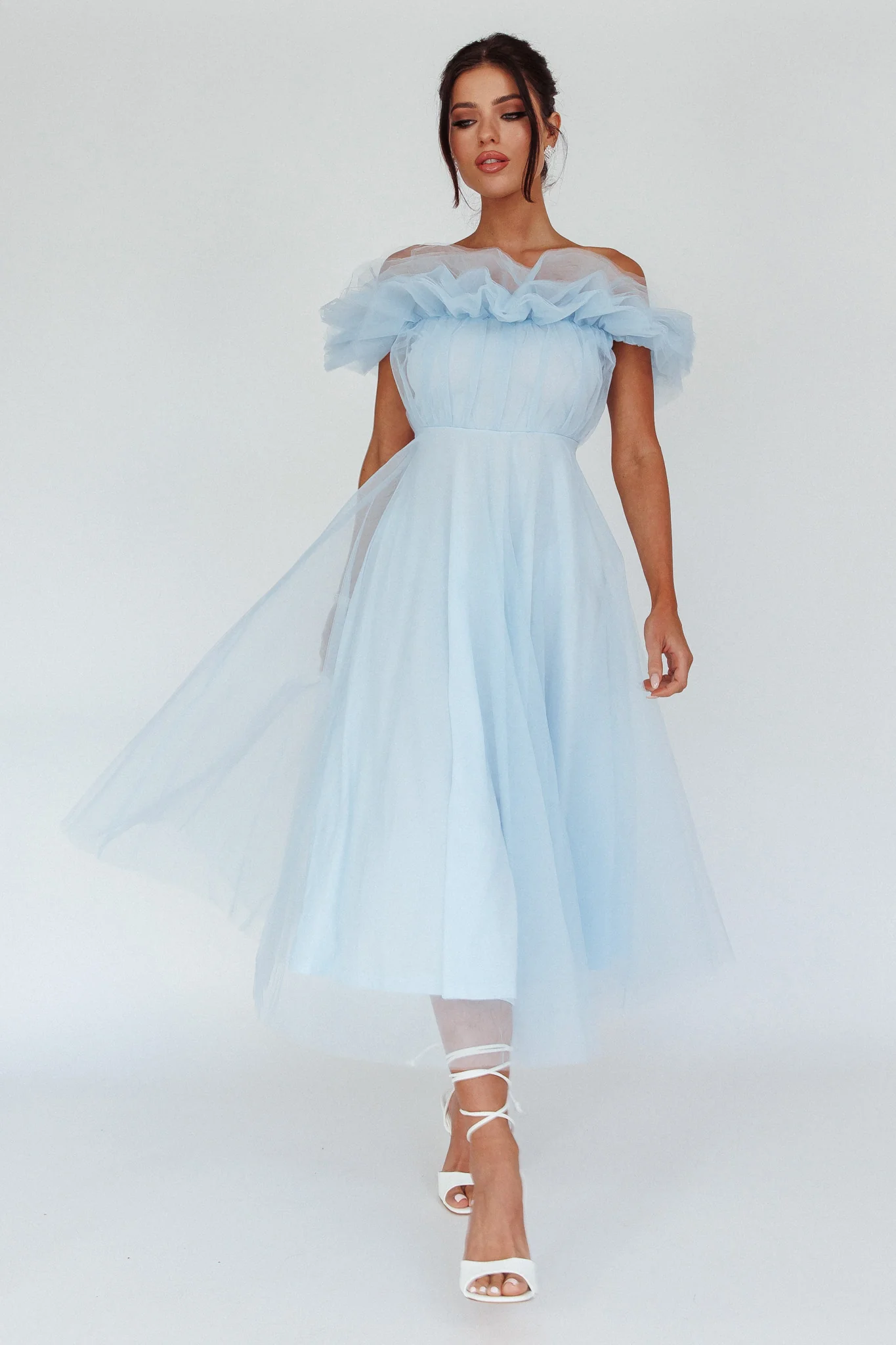 May Rose Off-Shoulder Tulle Midi Dress Light Blue - Sonourner
