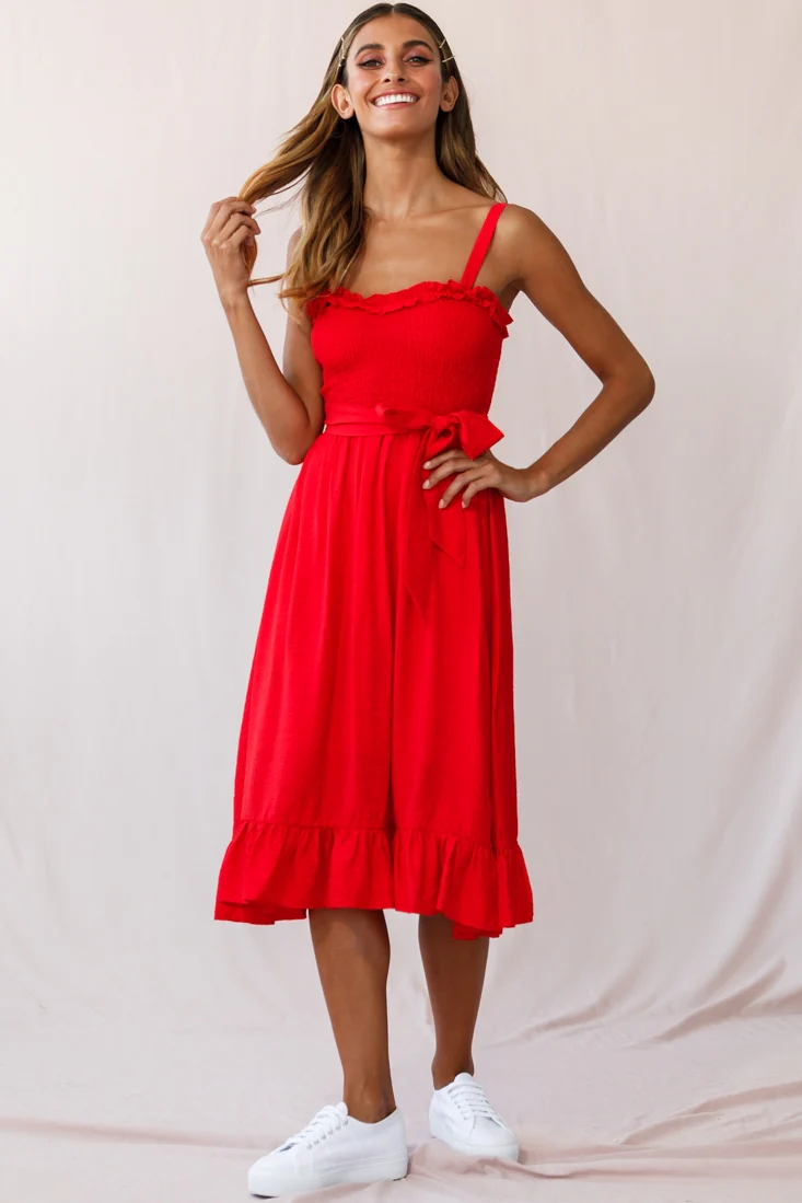 Honey Shirred Frill Midi Dress Red - Sonourner