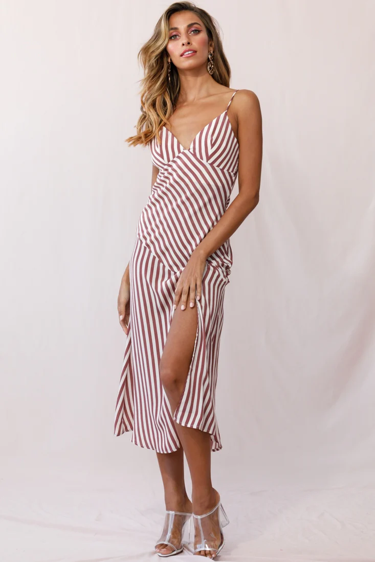 Downtown Cami Strap Front Split Midi Dress Stripe Print Rose - Sonourner