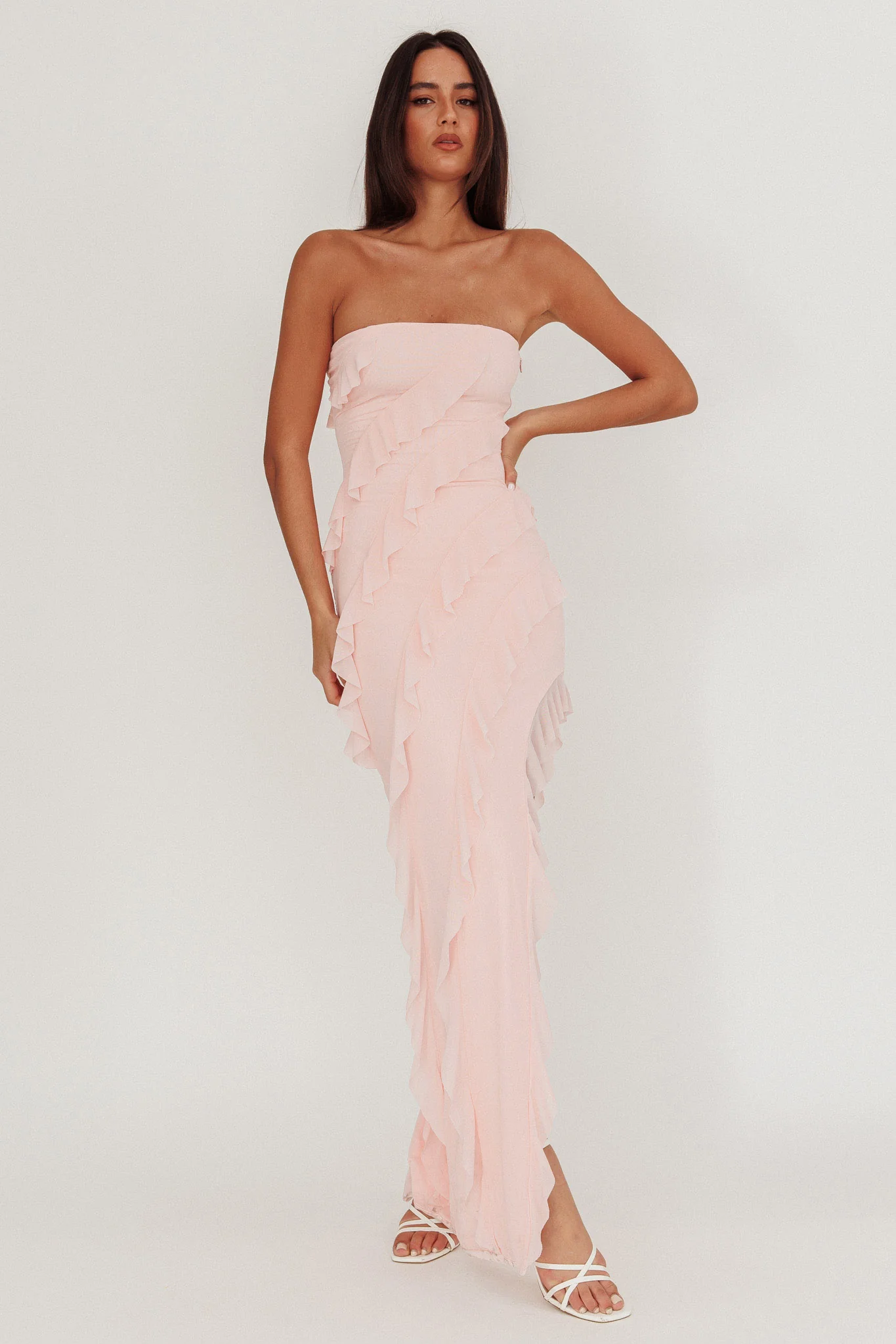 Just Friends Strapless Ruffle Maxi Dress Light Pink - Sonourner