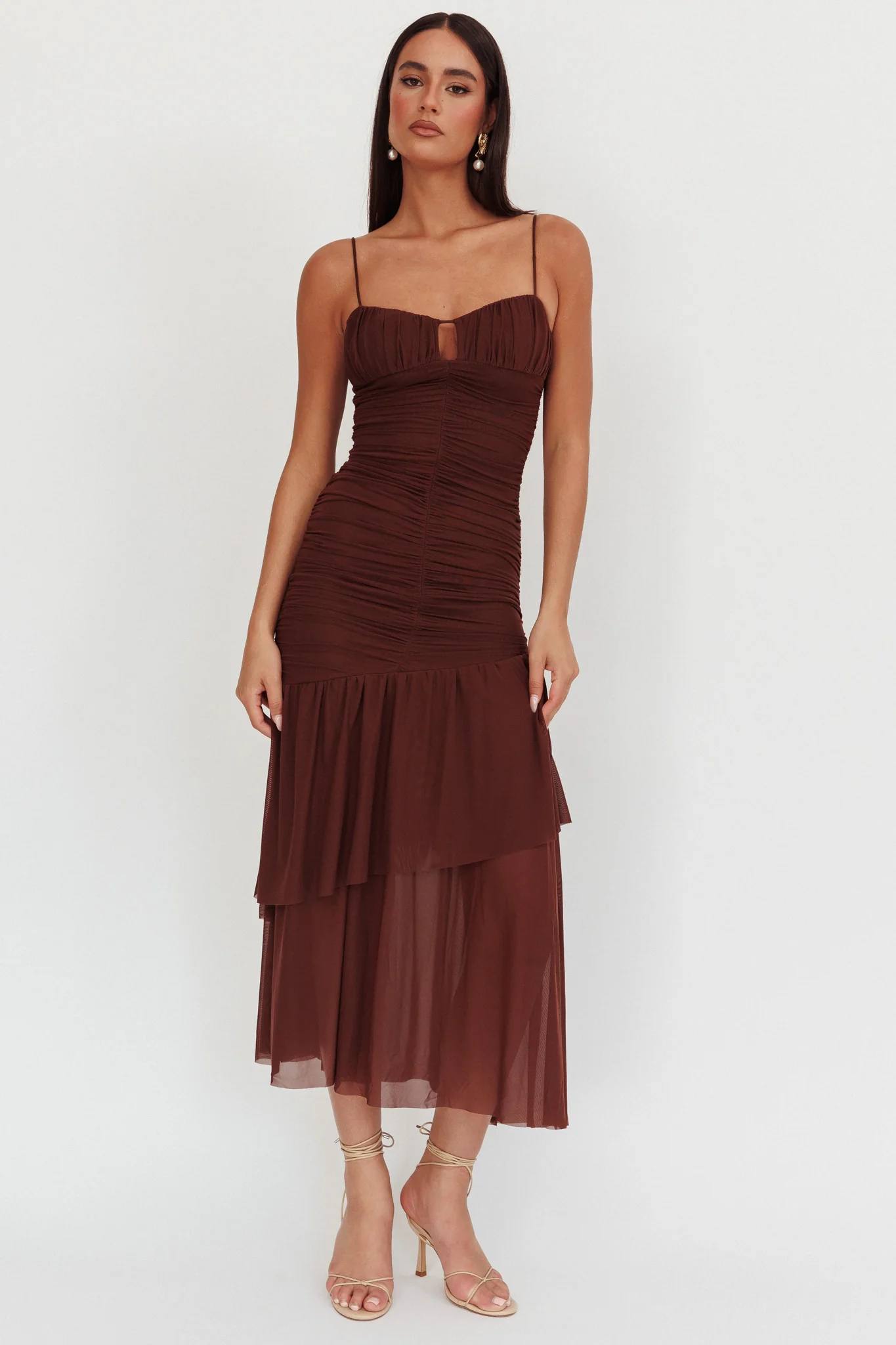 Kailua Ruched Tiered Hem Maxi Dress Chocolate - Sonourner