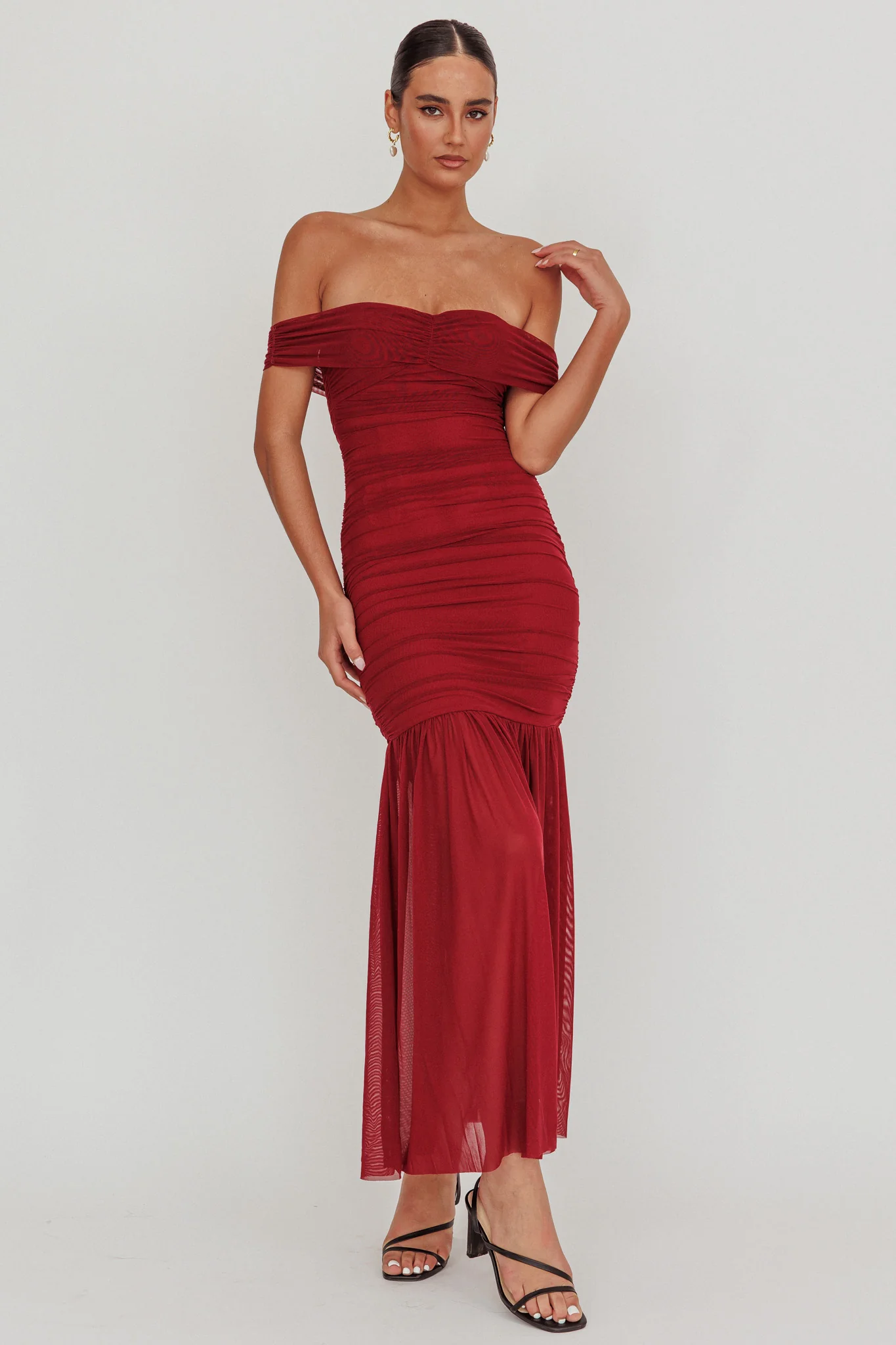 La Salle Off Shoulder Mesh Maxi Dress Wine - Sonourner