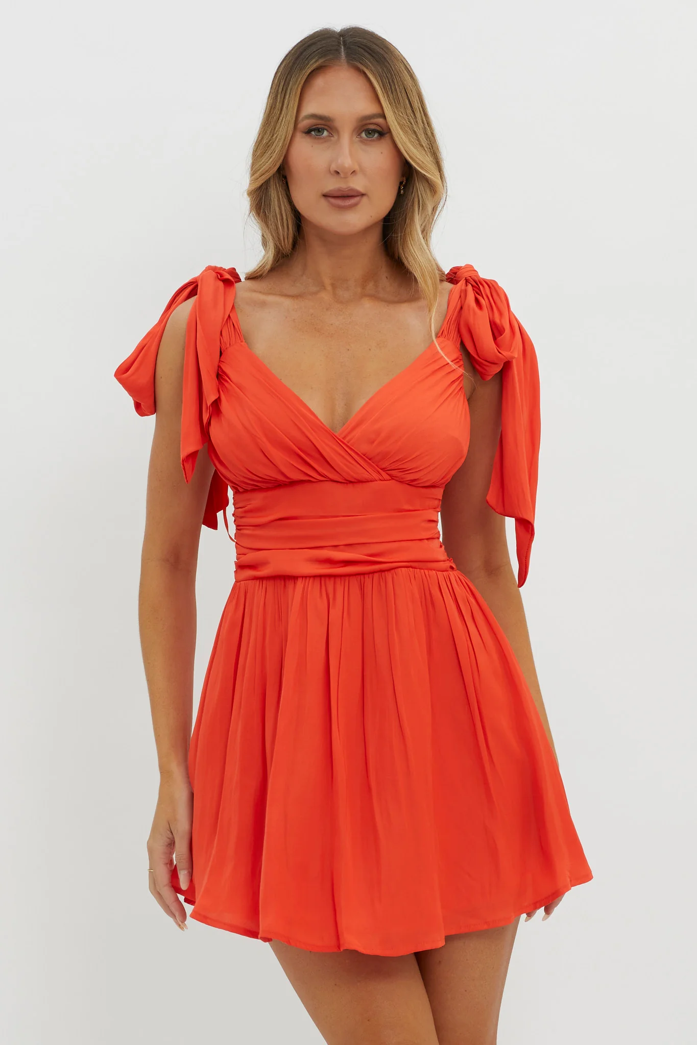 Lola Tied Shoulder Mini Dress Cherry Red - Sonourner