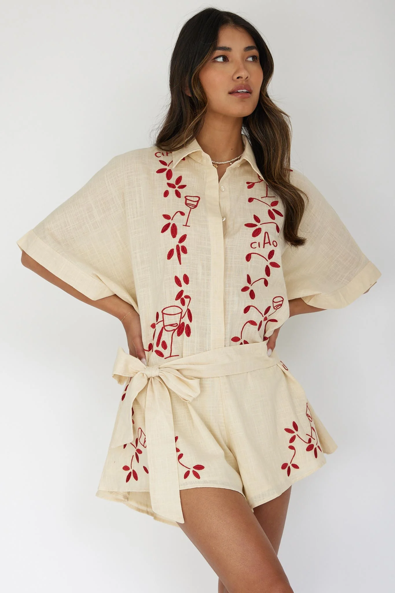 Daytona Beach Button-Up Romper Embroidered Oat - Sonourner