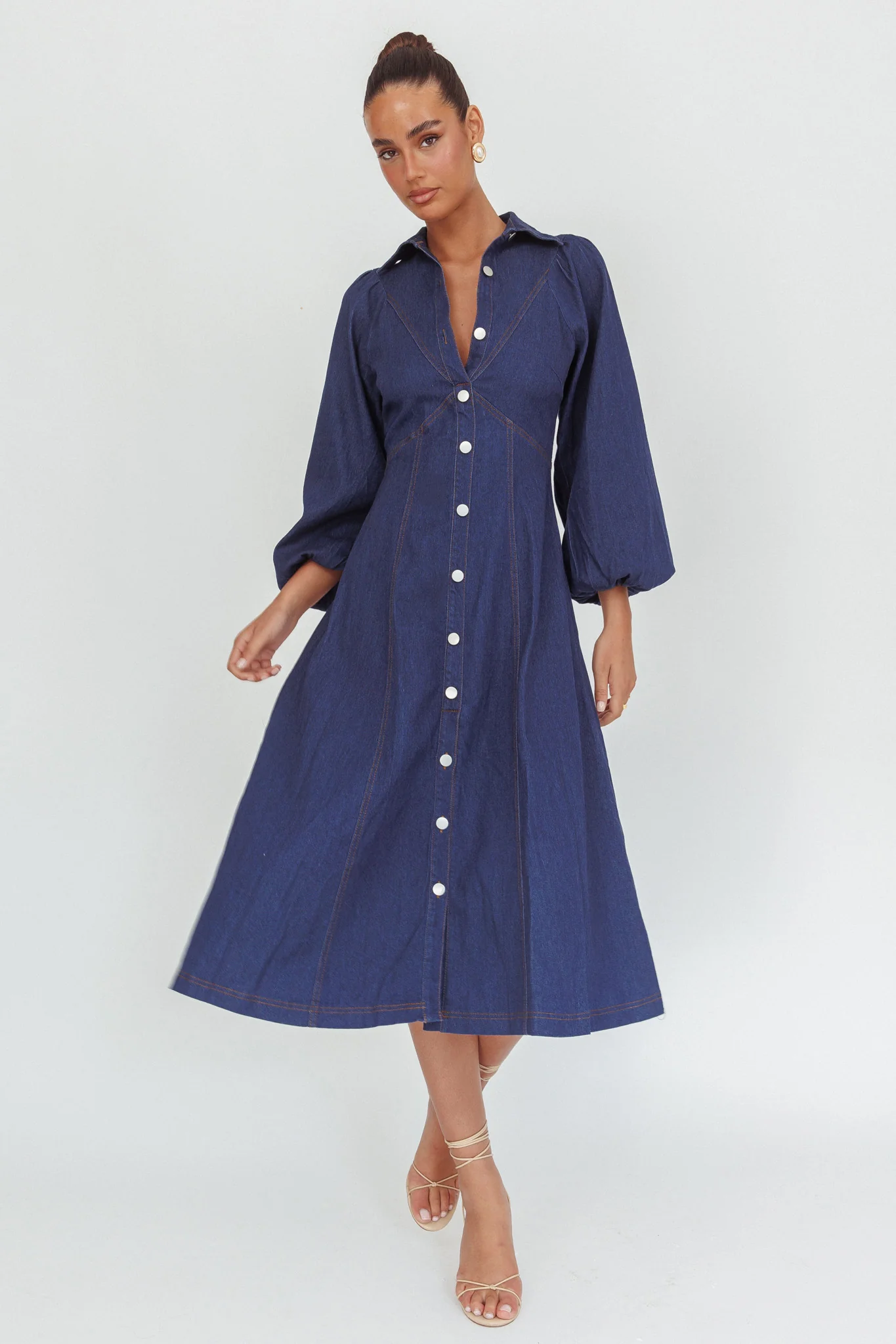 Ania Long Balloon Style Midi Dress Dark Denim - Sonourner