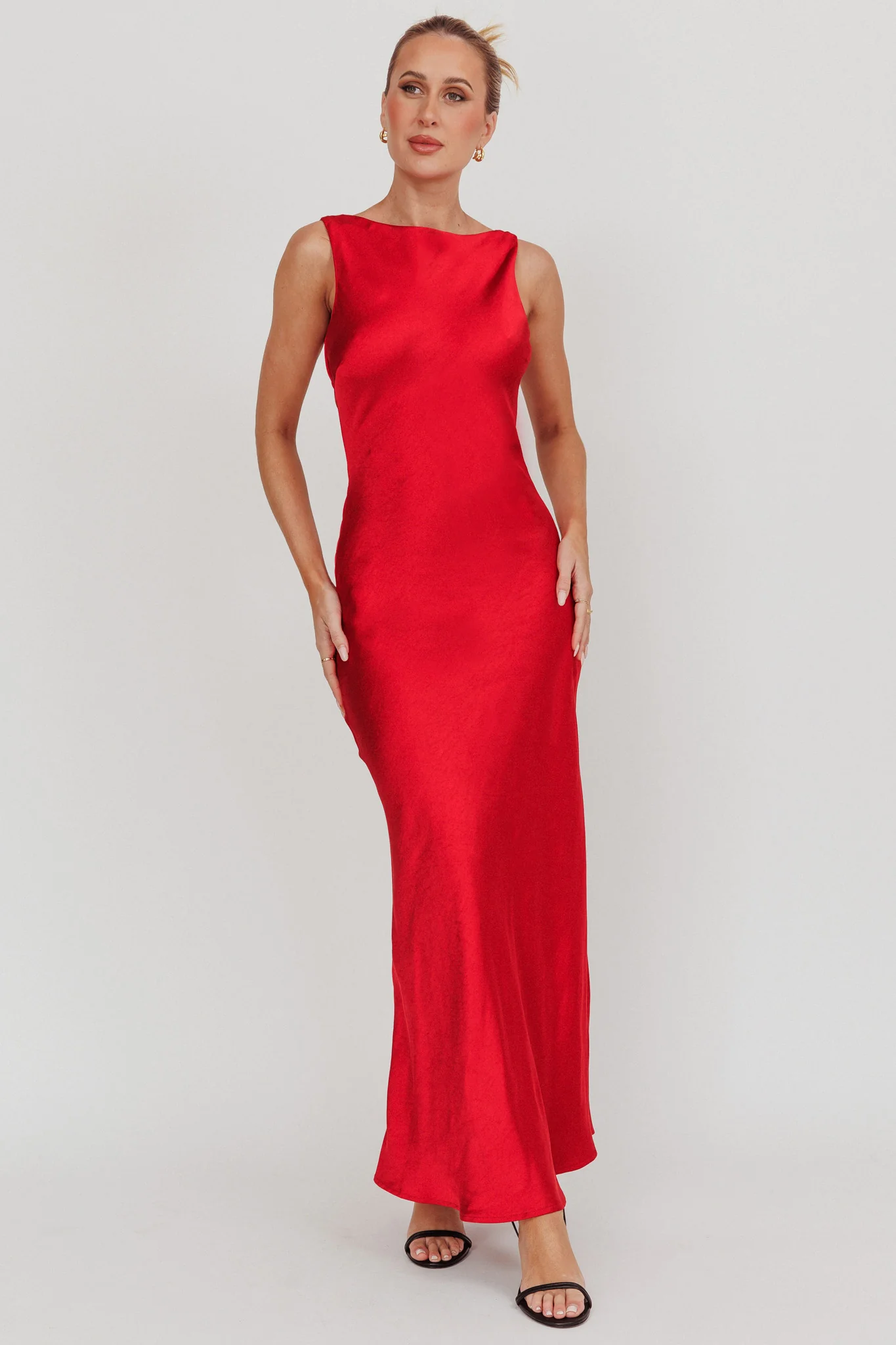 Carmine Satin Sleeveless Maxi Dress Wine - Sonourner