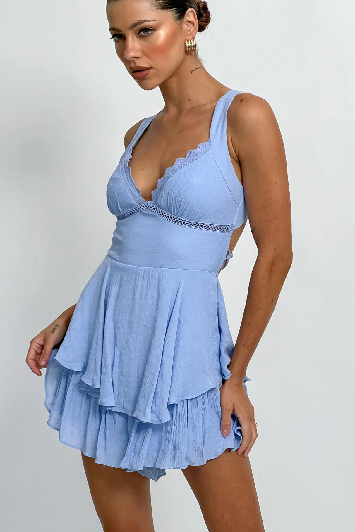 Hard To Catch Lace-Up Back Romper Blue - Sonourner