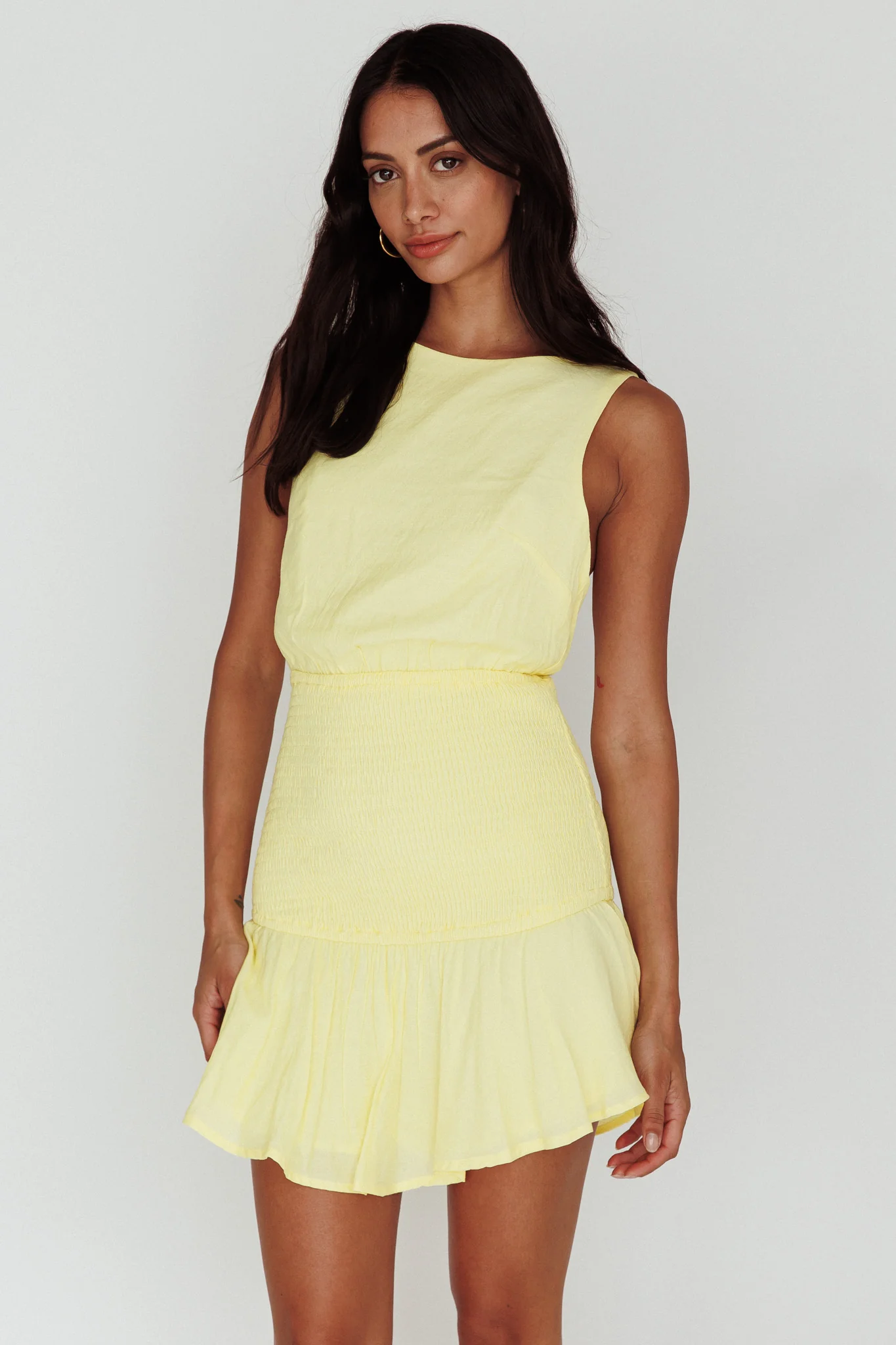 Antonine Elasticated Straps Shirred Waist Mini Dress Lemon - Sonourner