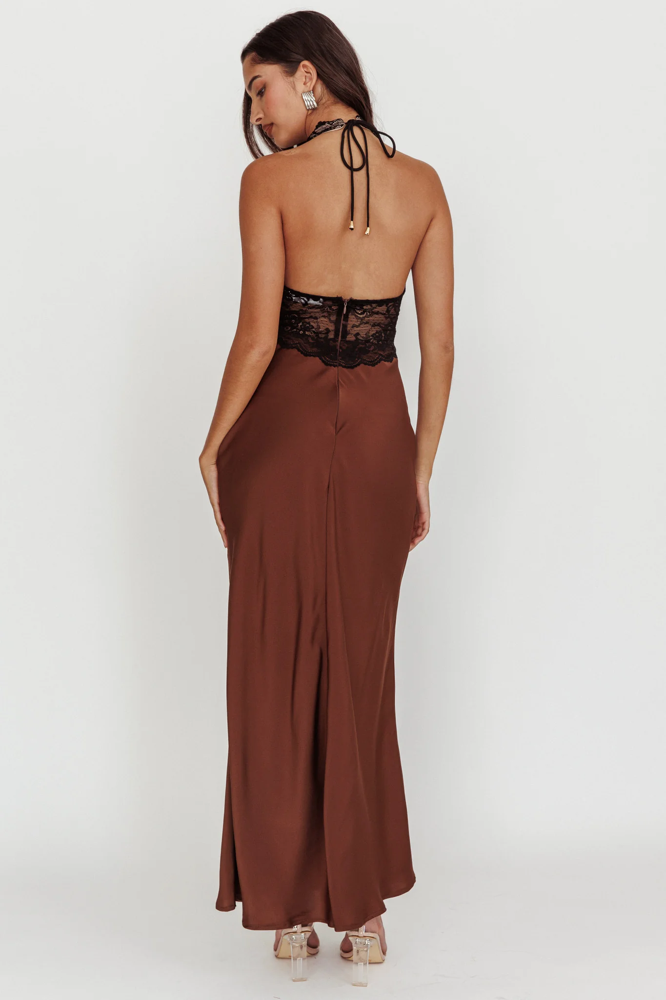 Rarity Satin Lace Halterneck Maxi Dress Coffee - Sonourner