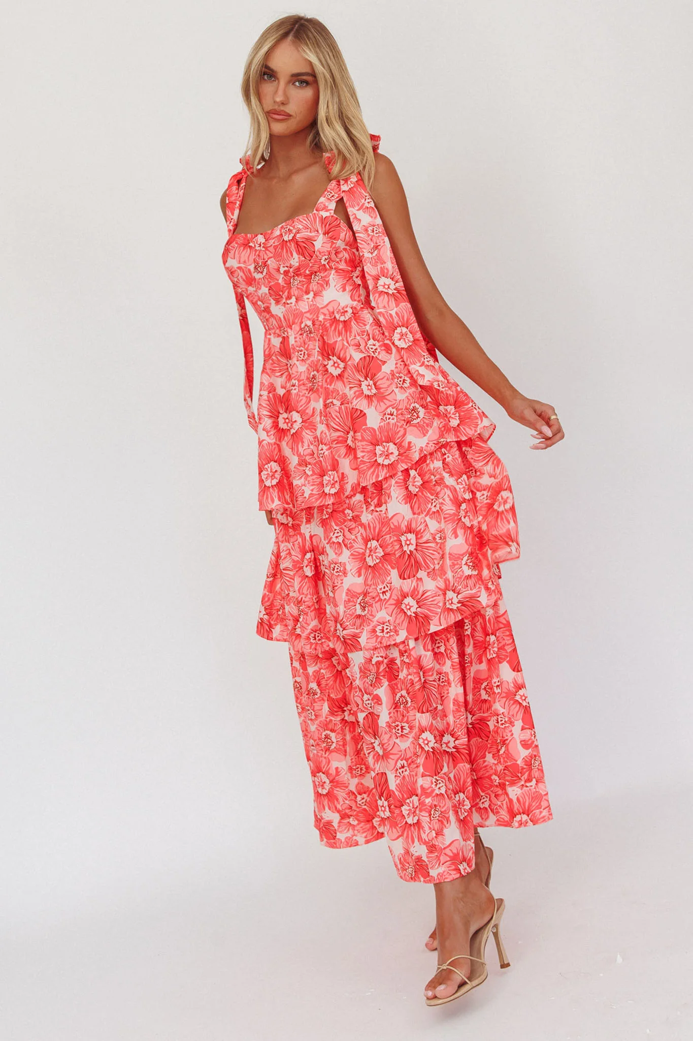 Arlowe Tied Shoulder Tiered Midi Dress Floral Pink - Sonourner