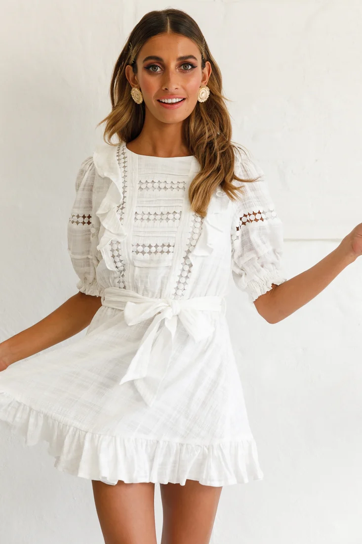 Delia Puff Sleeve Crochet Detail Dress White - Sonourner