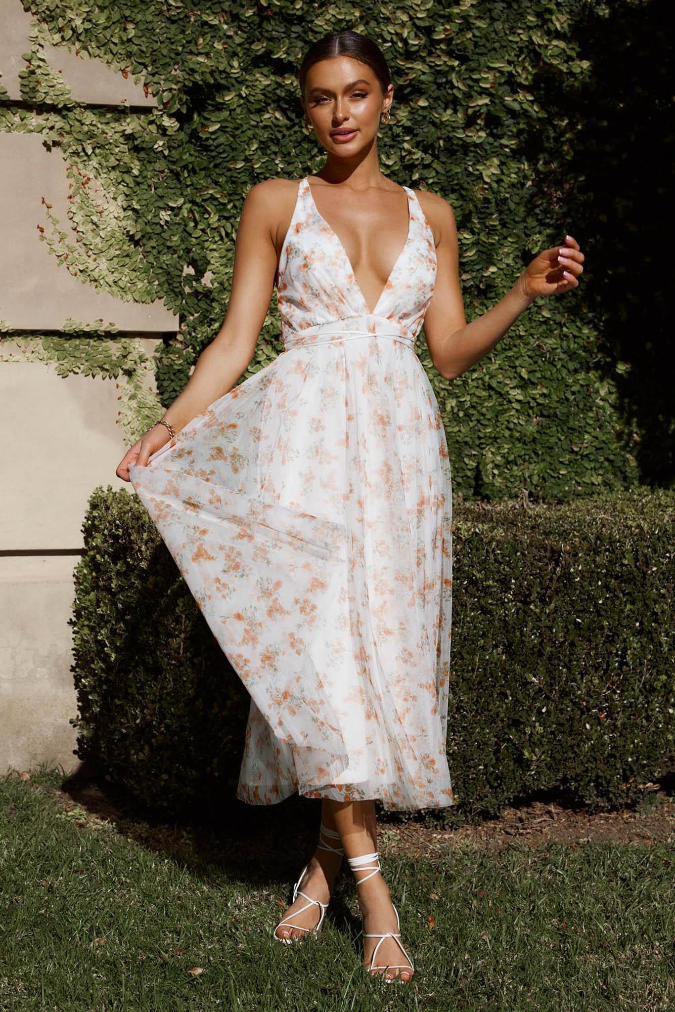 Floating By Plunging Neckline Midi Dress Floral Tangerine - Sonourner