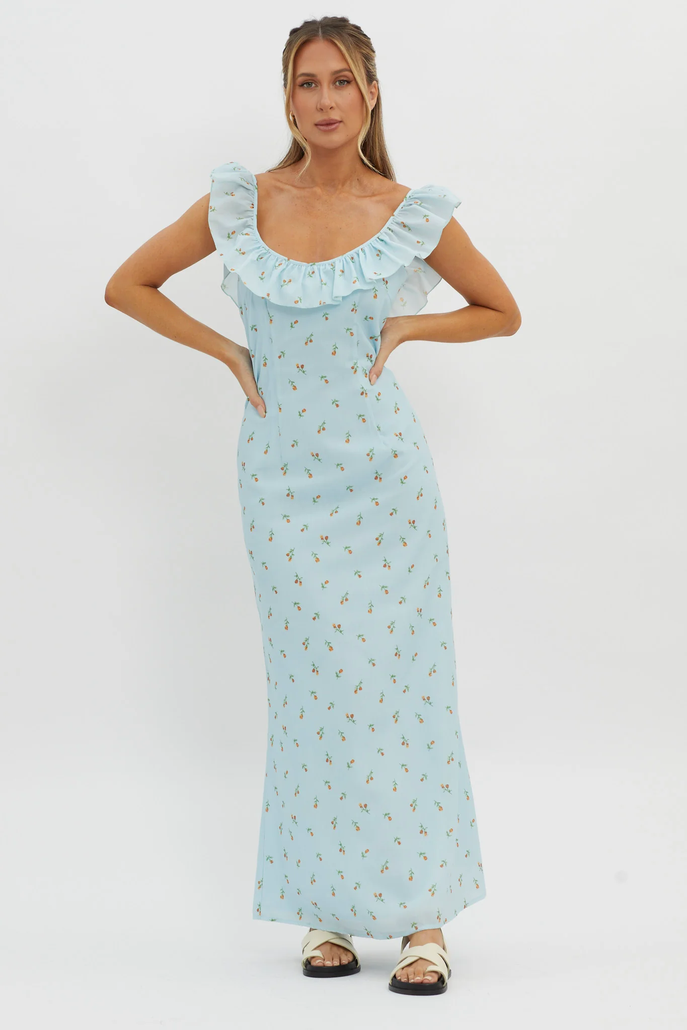 Merci Beaucoup Frill Neckline Maxi Dress Blue - Sonourner