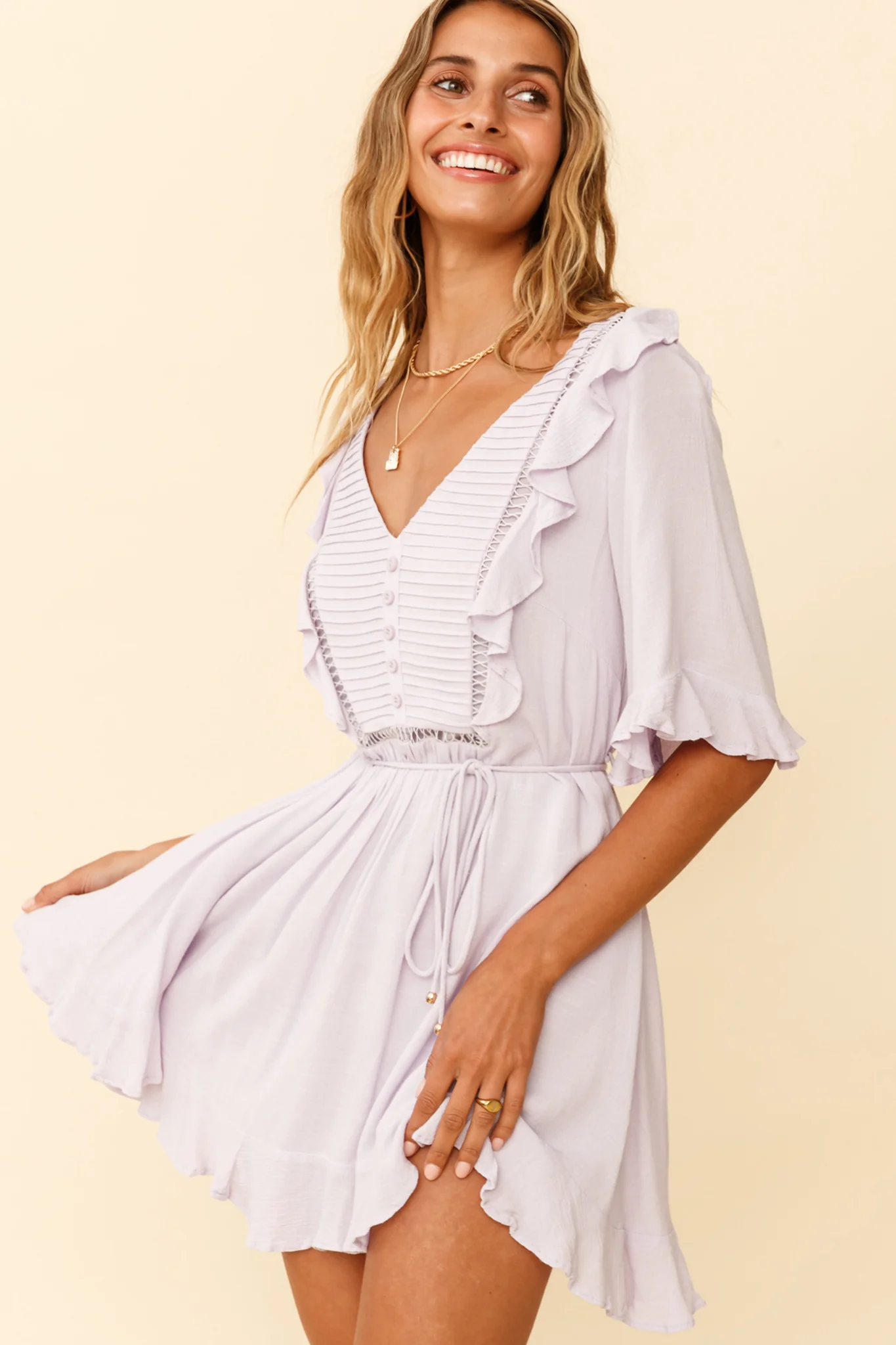 Promenade Faux Placket Pintuck Dress Lilac - Sonourner