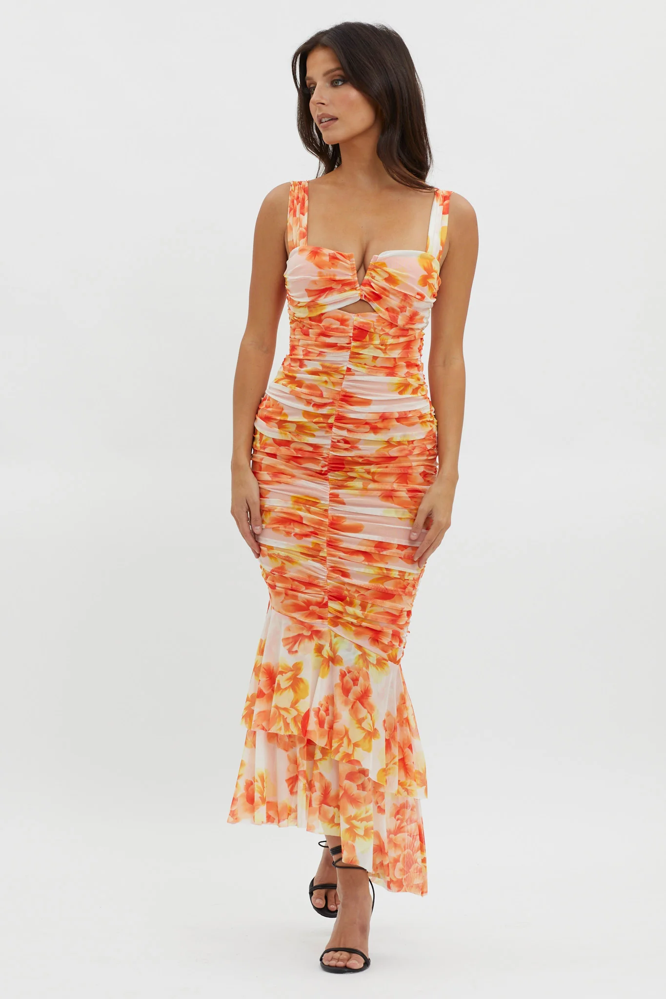 Nadia Ruched Fishtail Midi Dress Floral White - Sonourner