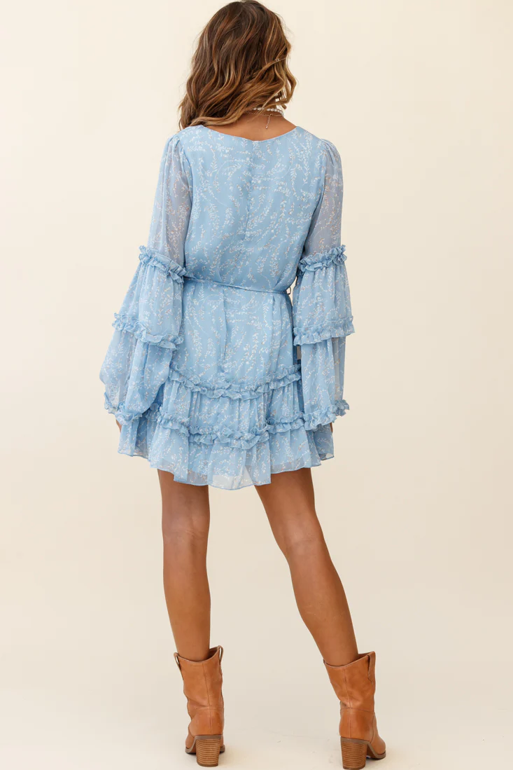 Winslet Long Sleeve Placket Bust Frill Detail Dress Floral Print Blue - Sonourner