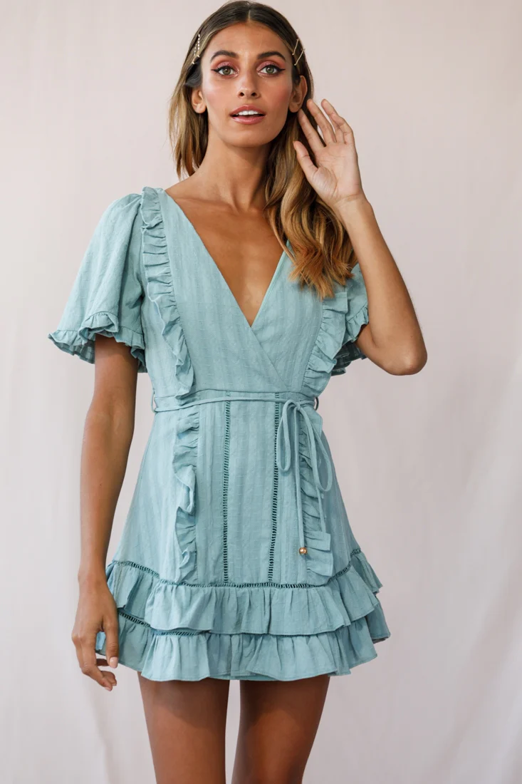 Marybelle Angel Sleeve A-Line Ruffle Dress Sage - Sonourner