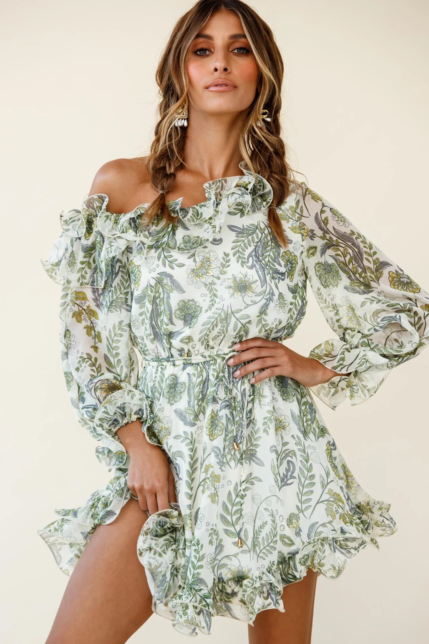 Rhiannon Off-Shoulder Lettuce Frill Dress Floral Print White - Sonourner