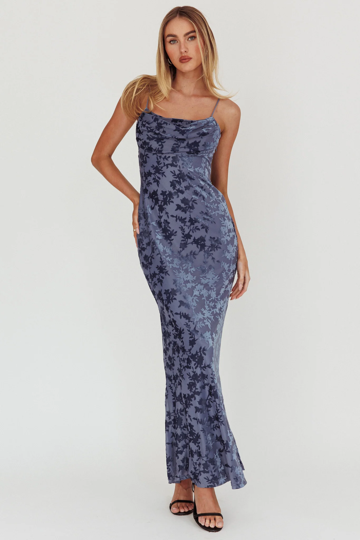 Well Versed Burnout Velvet Maxi Dress Slate Blue - Sonourner