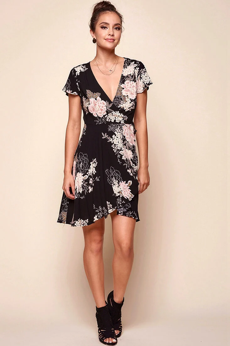 Gloria Elegant Floral Mini Dress Black - Sonourner